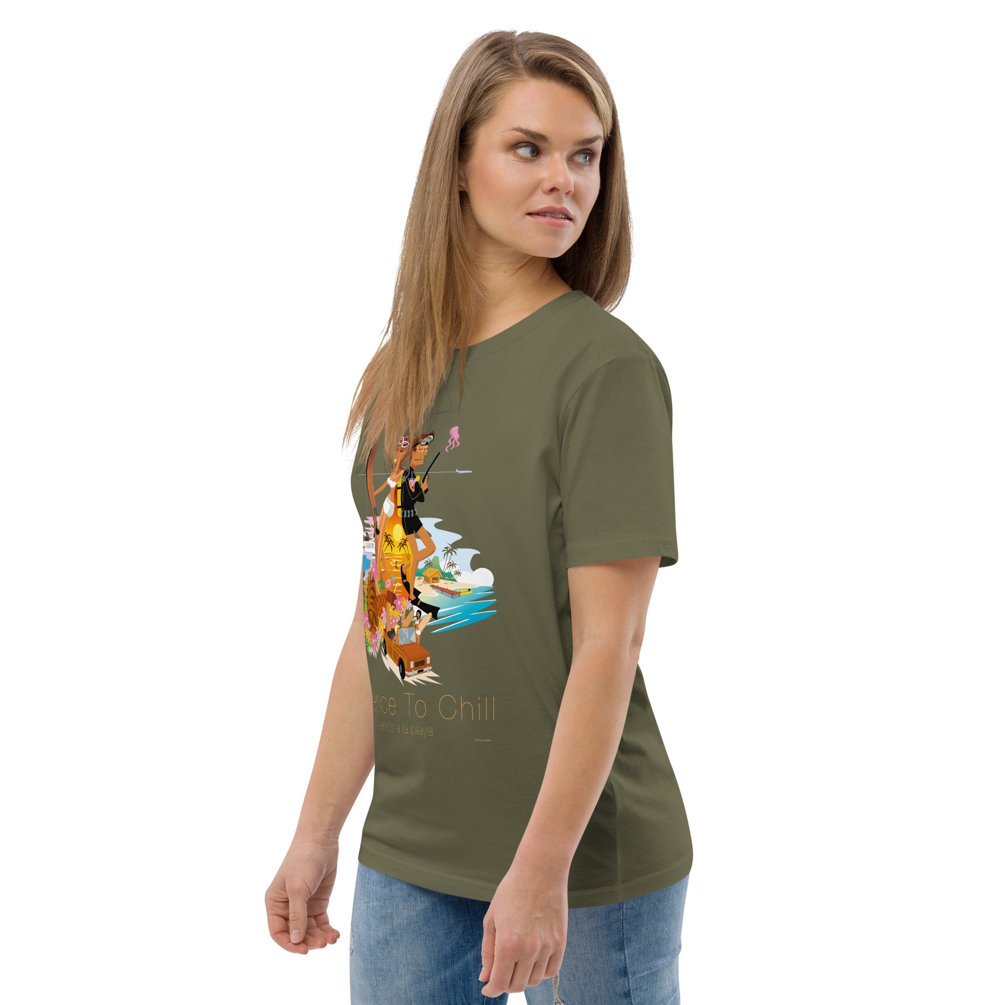 Unisex organic cotton t-shirt License To Chill Vamos a la Playa on dark colors