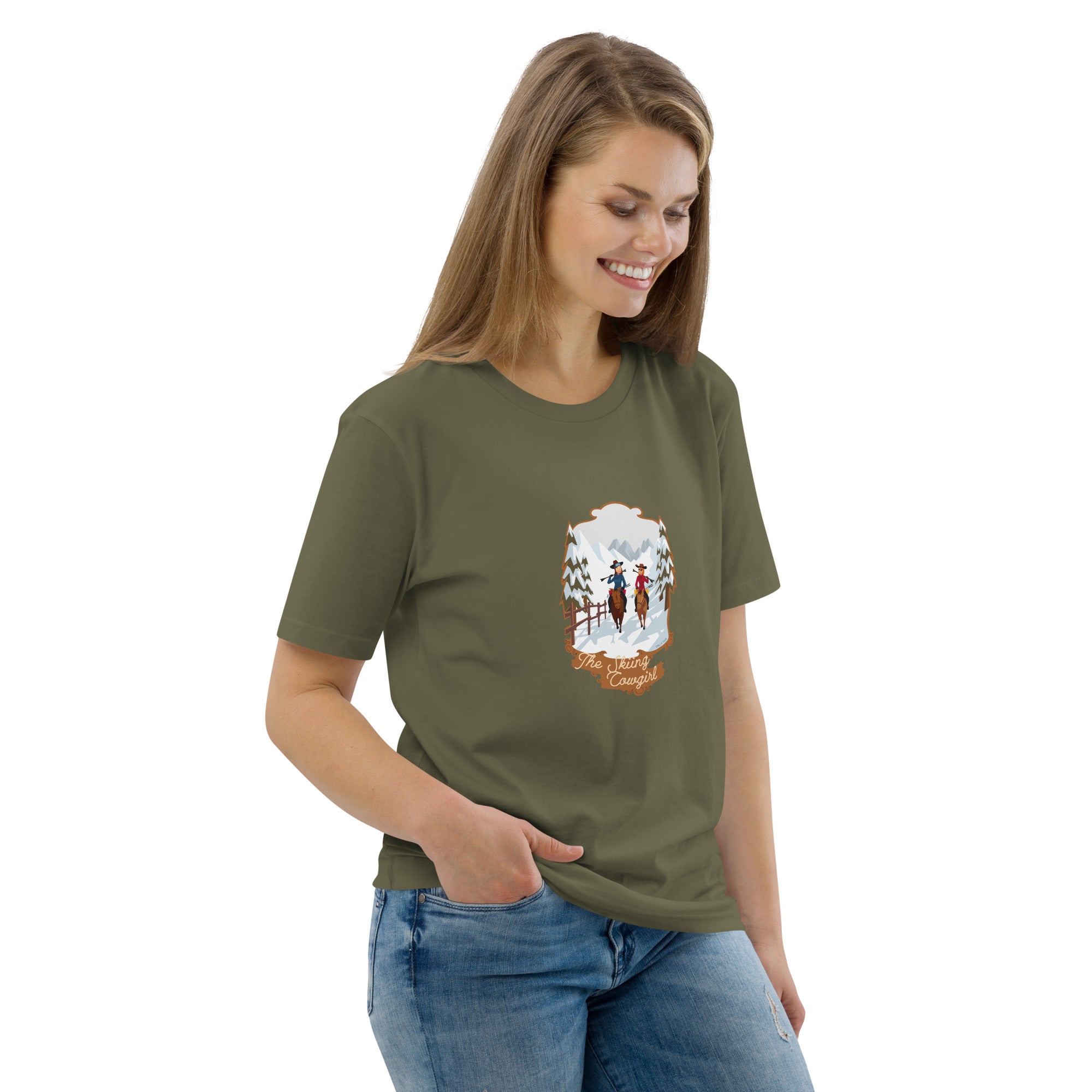 T-shirt unisexe en coton biologique The Skiing Cowgirl sur couleurs foncées