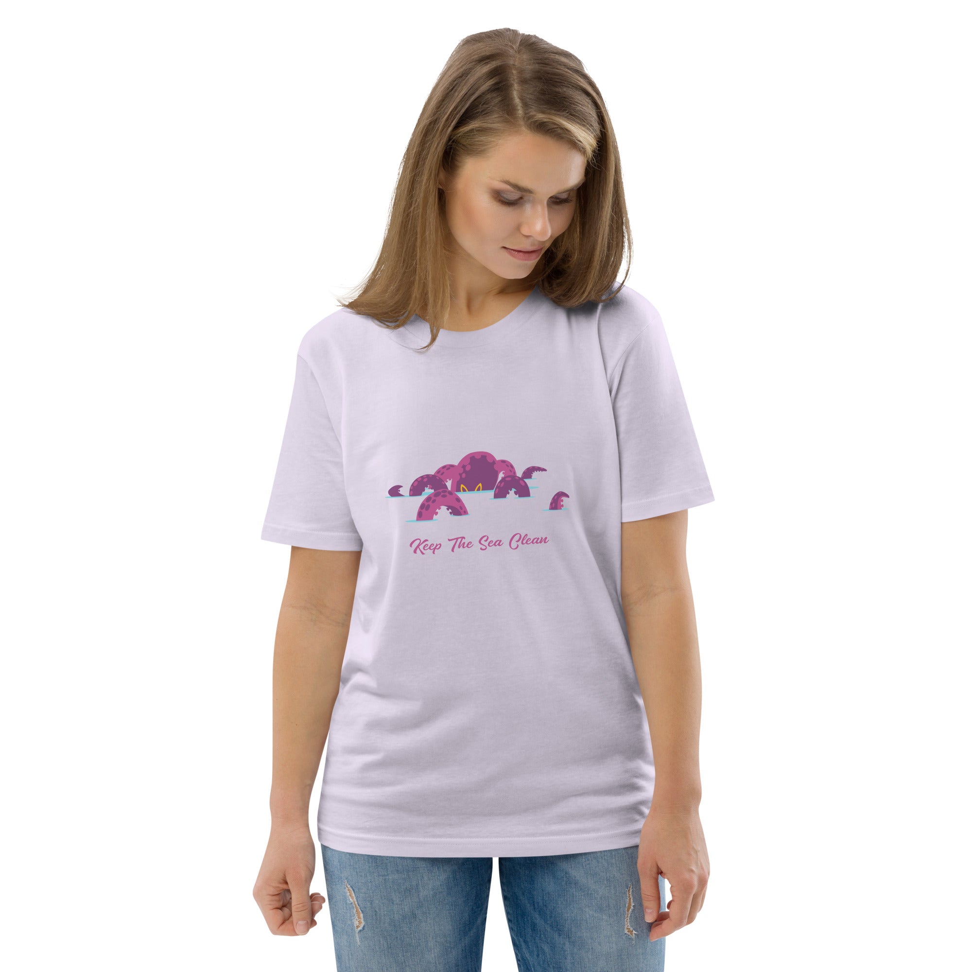 T-shirt unisexe en coton biologique Octopus Purple sur couleurs claires
