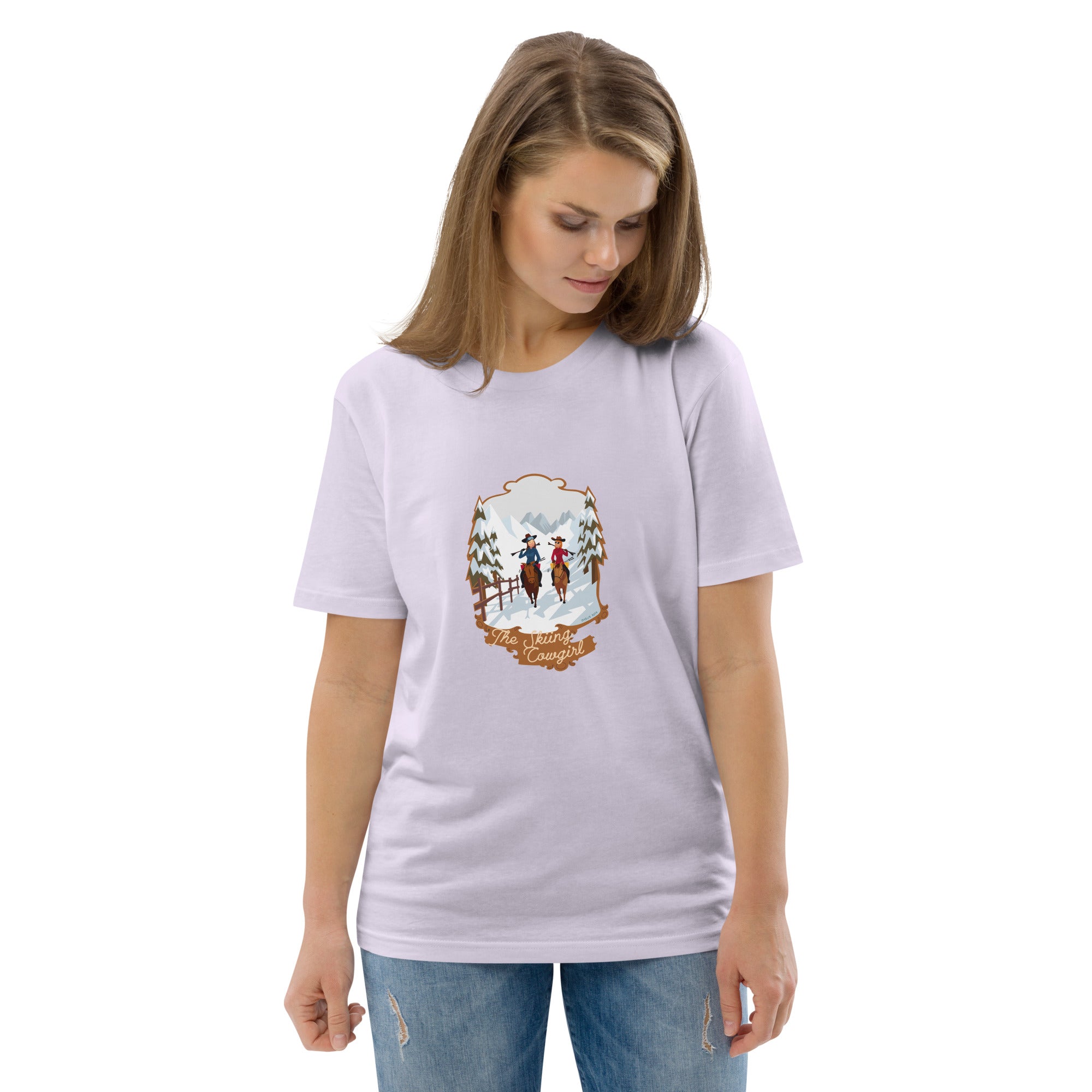 T-shirt unisexe en coton biologique The Skiing Cowgirl sur couleurs claires