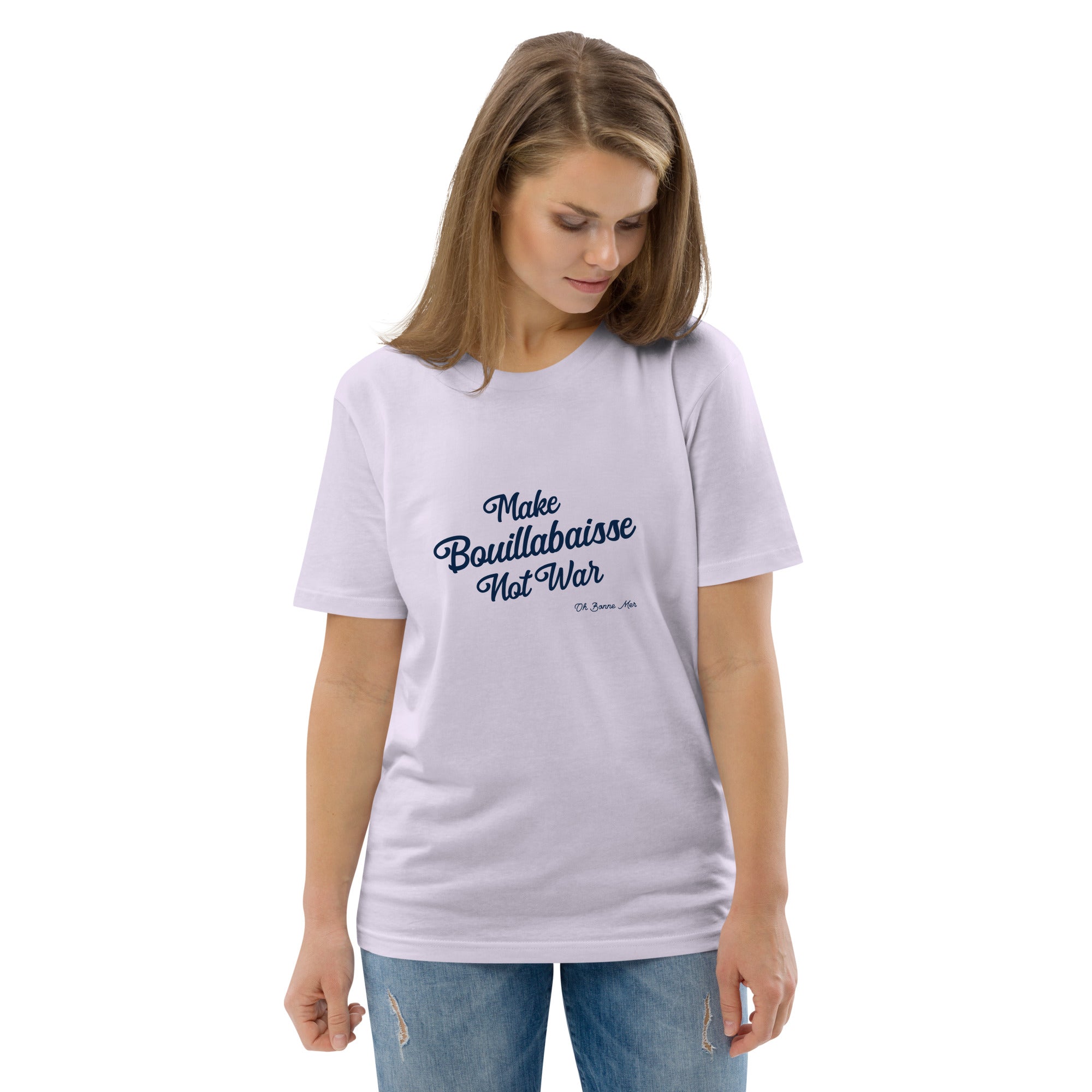 T-shirt unisexe en coton biologique Make Bouillabaisse Not War Navy sur couleurs claires