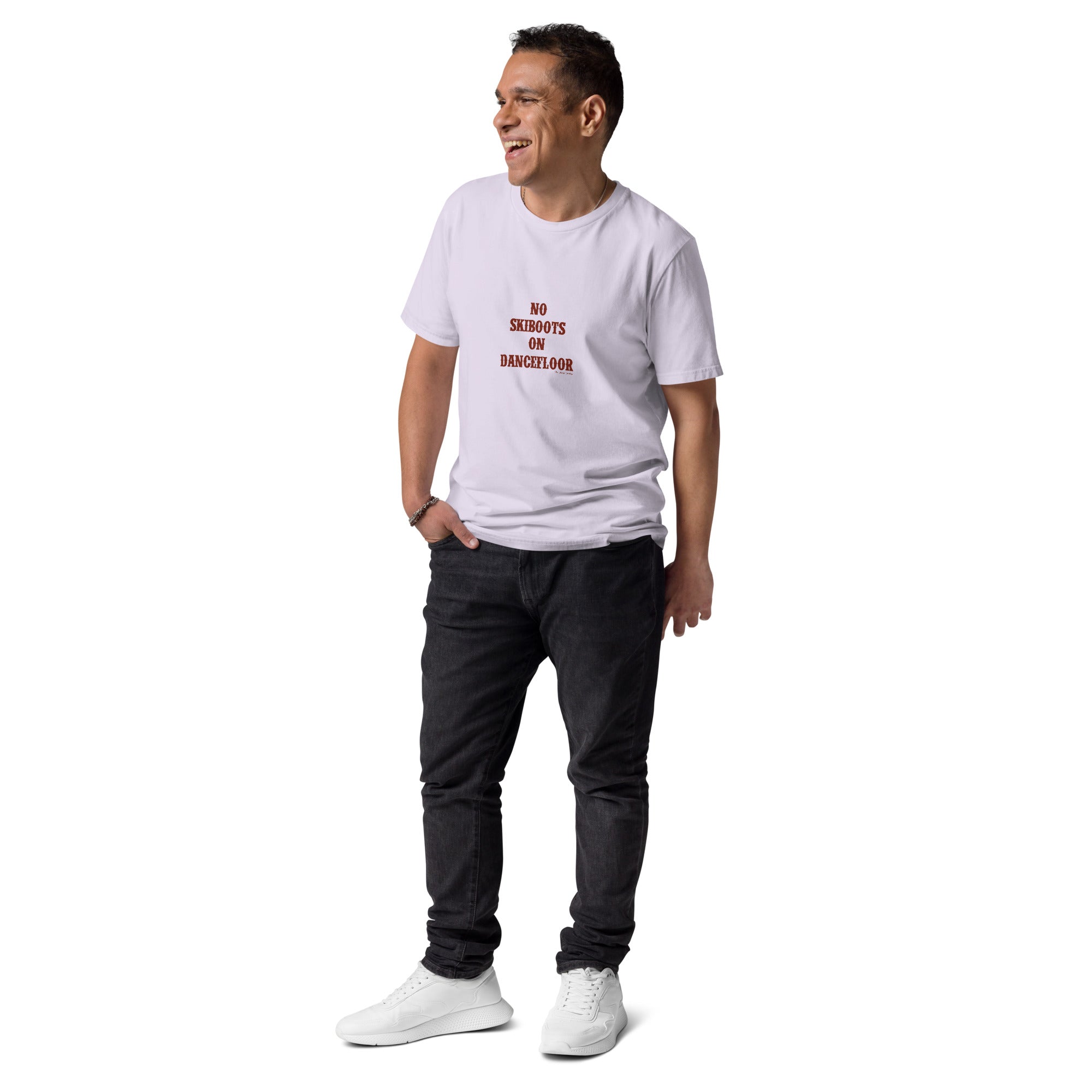 T-shirt unisexe en coton biologique No Skiboots on Dancefloor texte foncé