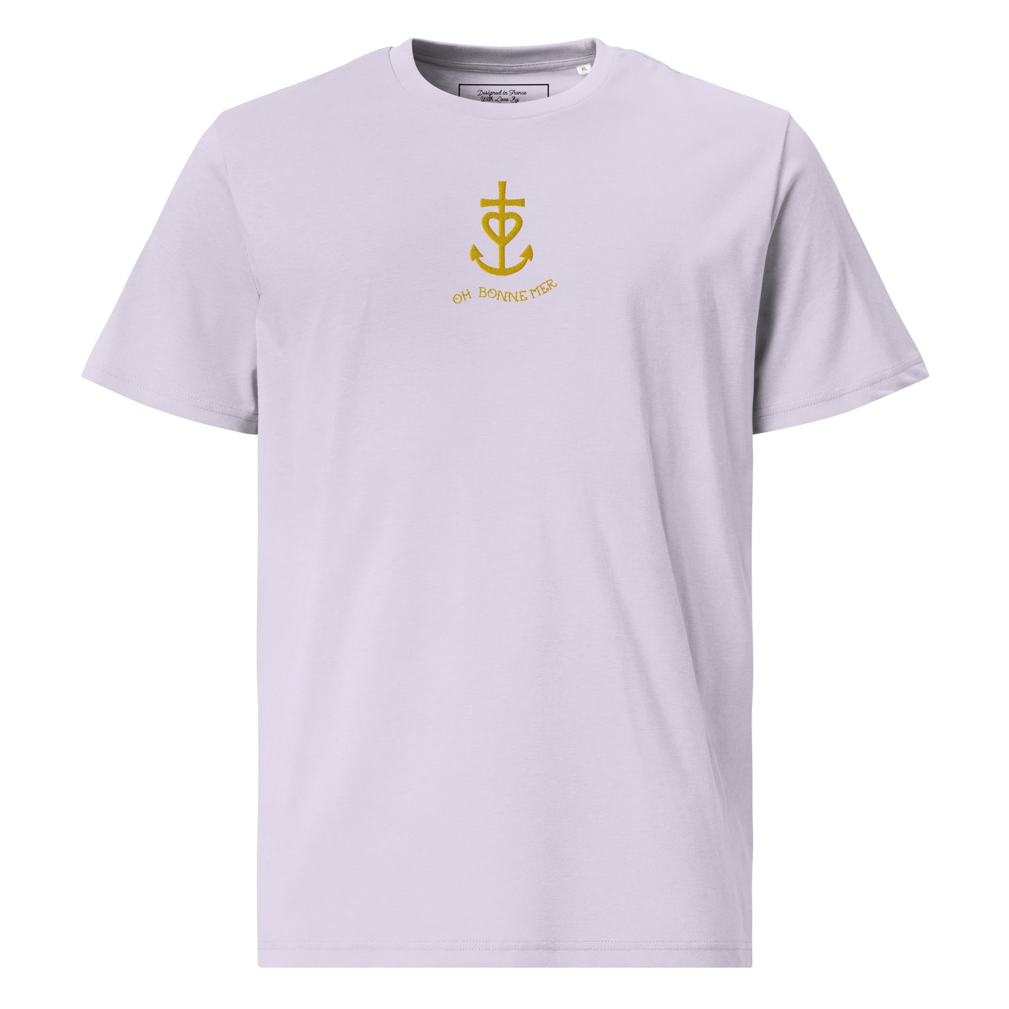 T-shirt unisexe en coton biologique Croix de Camargue dorée Oh Bonne mer brodé sur couleurs claires