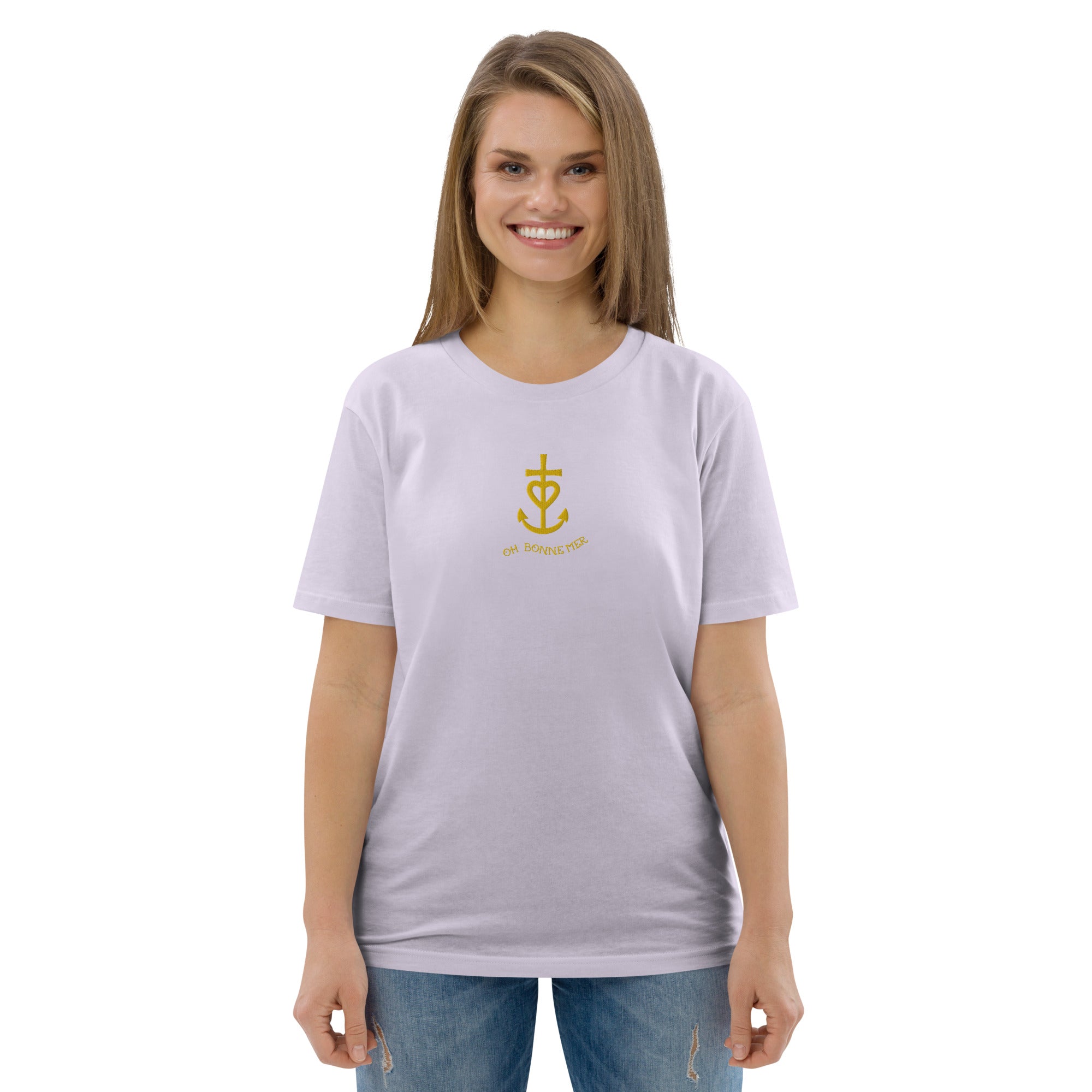 T-shirt unisexe en coton biologique Croix de Camargue dorée Oh Bonne mer brodé sur couleurs claires