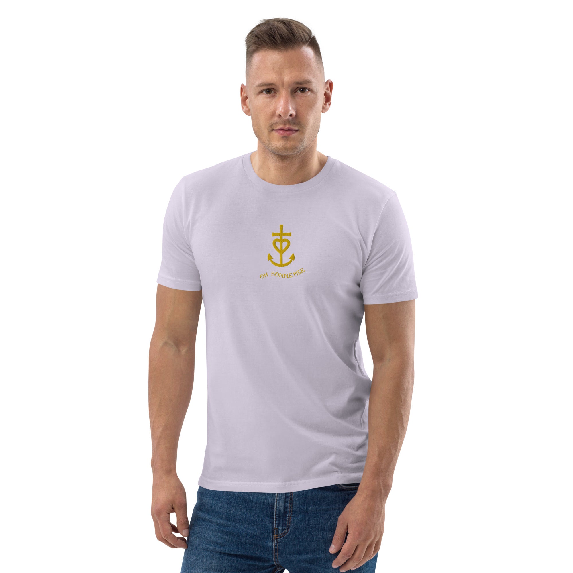T-shirt unisexe en coton biologique Croix de Camargue dorée Oh Bonne mer brodé sur couleurs claires