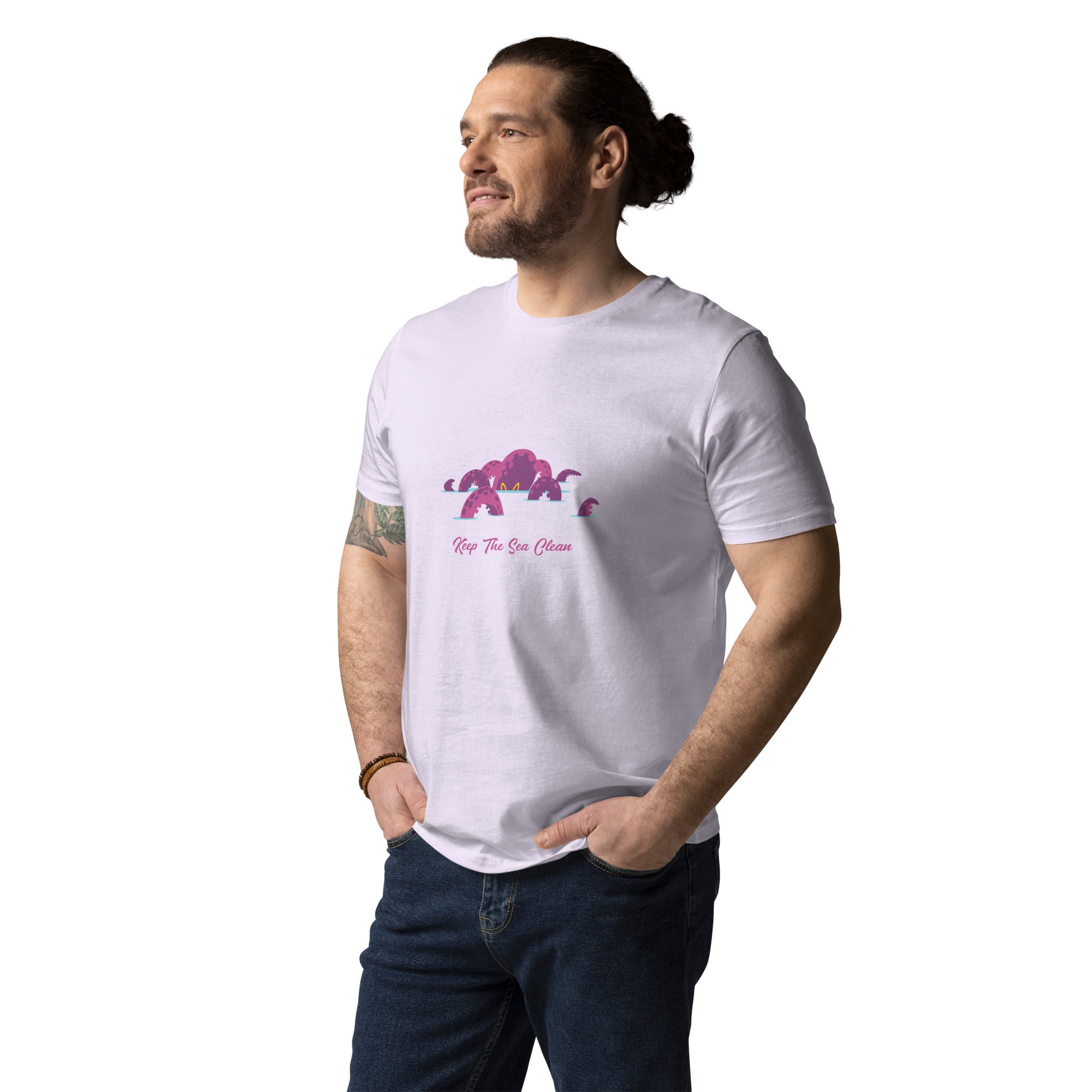 T-shirt unisexe en coton biologique Octopus Purple sur couleurs claires