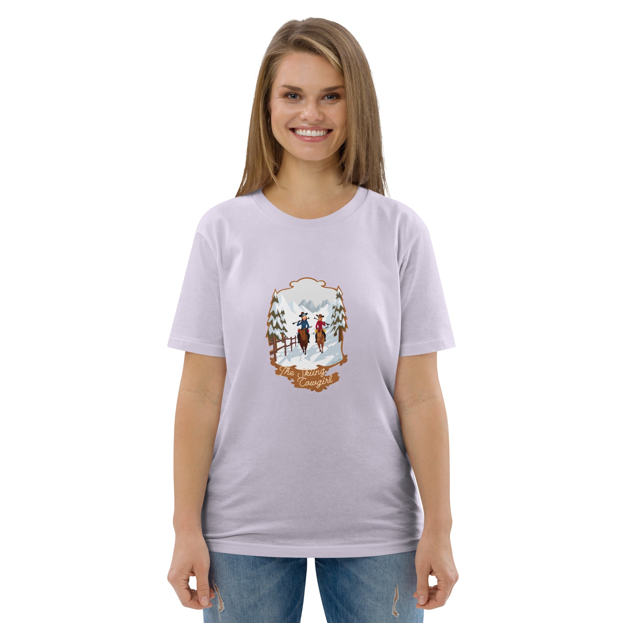 T-shirt unisexe en coton biologique The Skiing Cowgirl sur couleurs claires