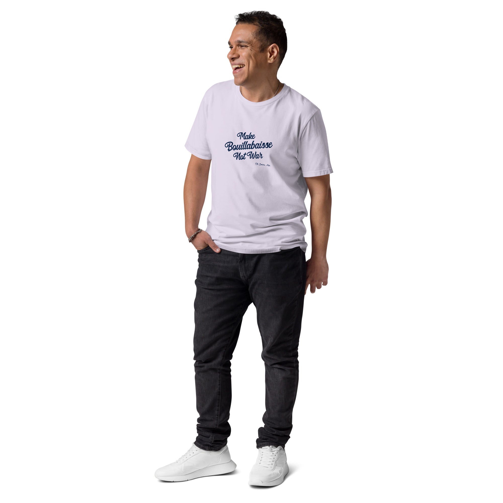 T-shirt unisexe en coton biologique Make Bouillabaisse Not War Navy sur couleurs claires