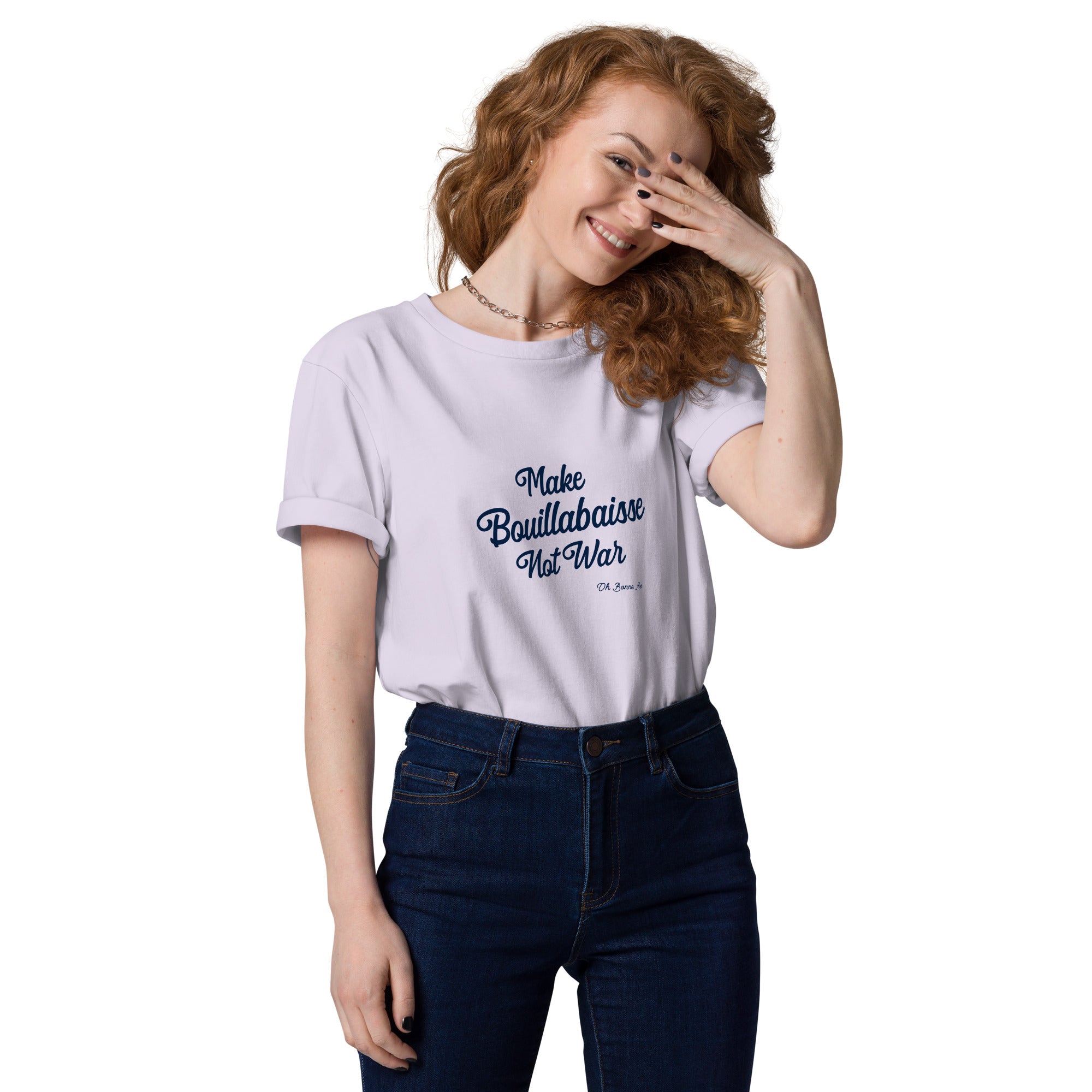 T-shirt unisexe en coton biologique Make Bouillabaisse Not War Navy sur couleurs claires