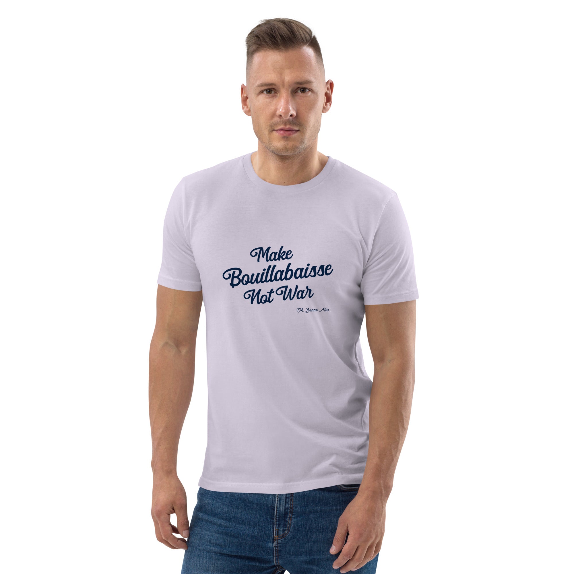 T-shirt unisexe en coton biologique Make Bouillabaisse Not War Navy sur couleurs claires