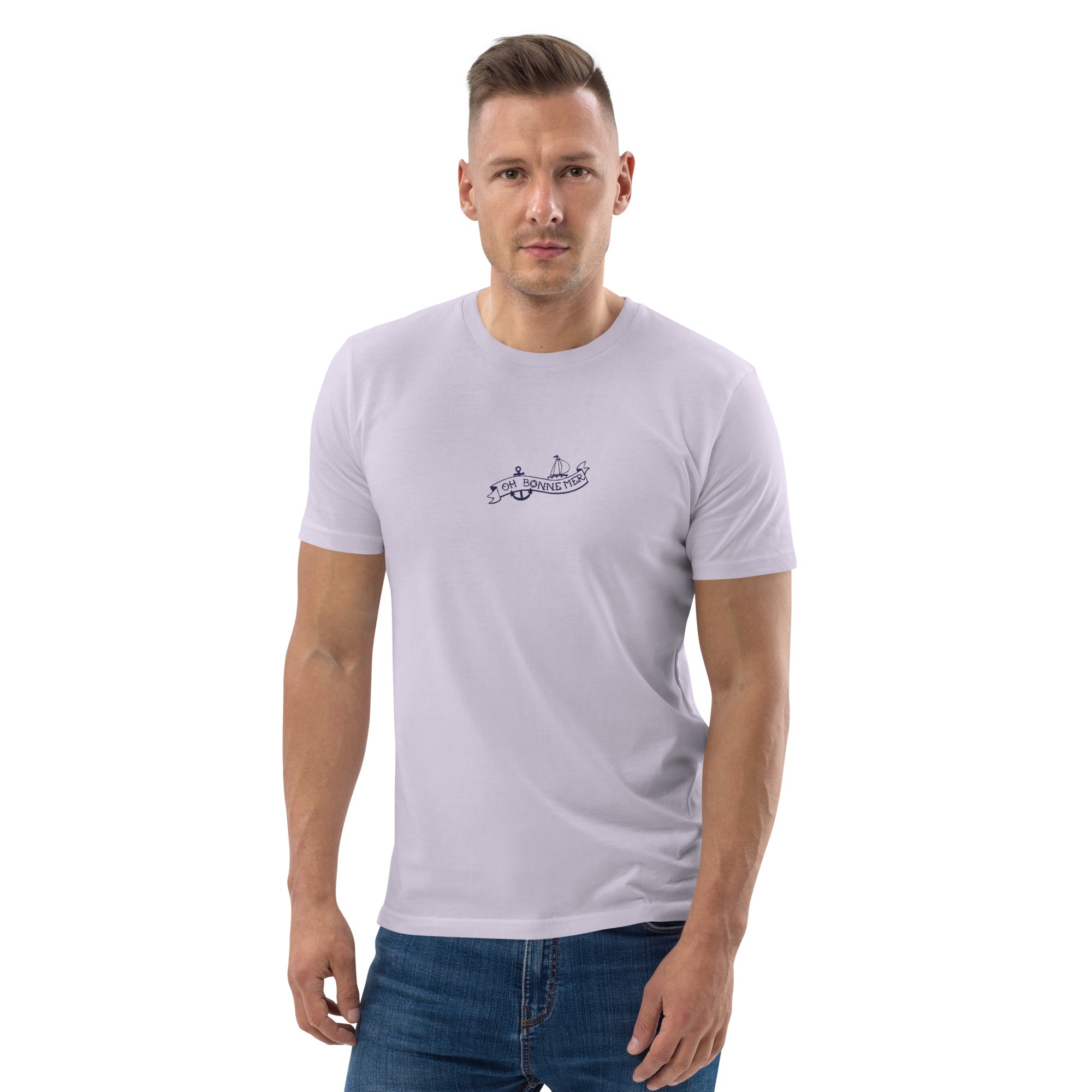 T-shirt unisexe en coton biologique Oh Bonne Mer Tattoo navy brodé sur couleurs claires