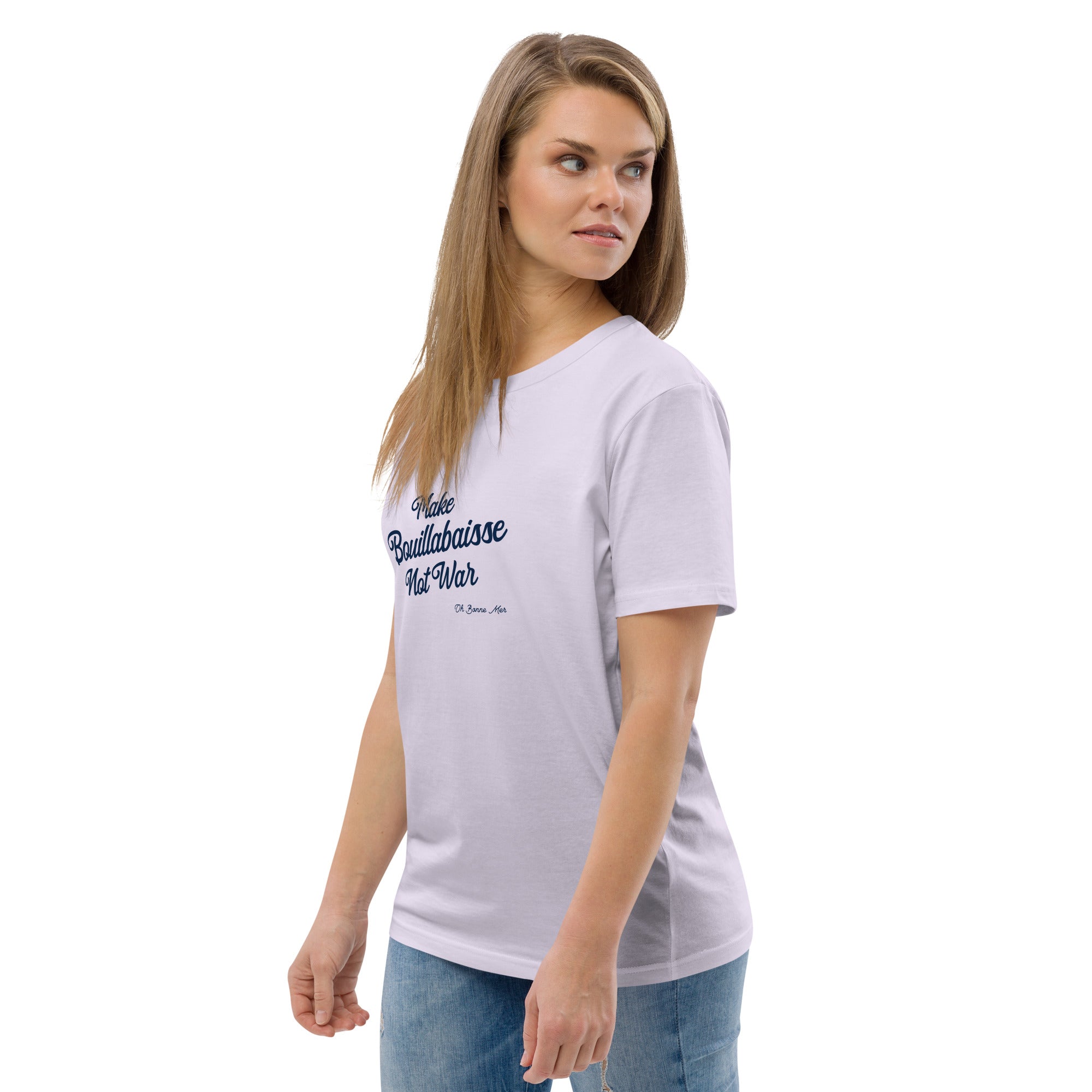 T-shirt unisexe en coton biologique Make Bouillabaisse Not War Navy sur couleurs claires