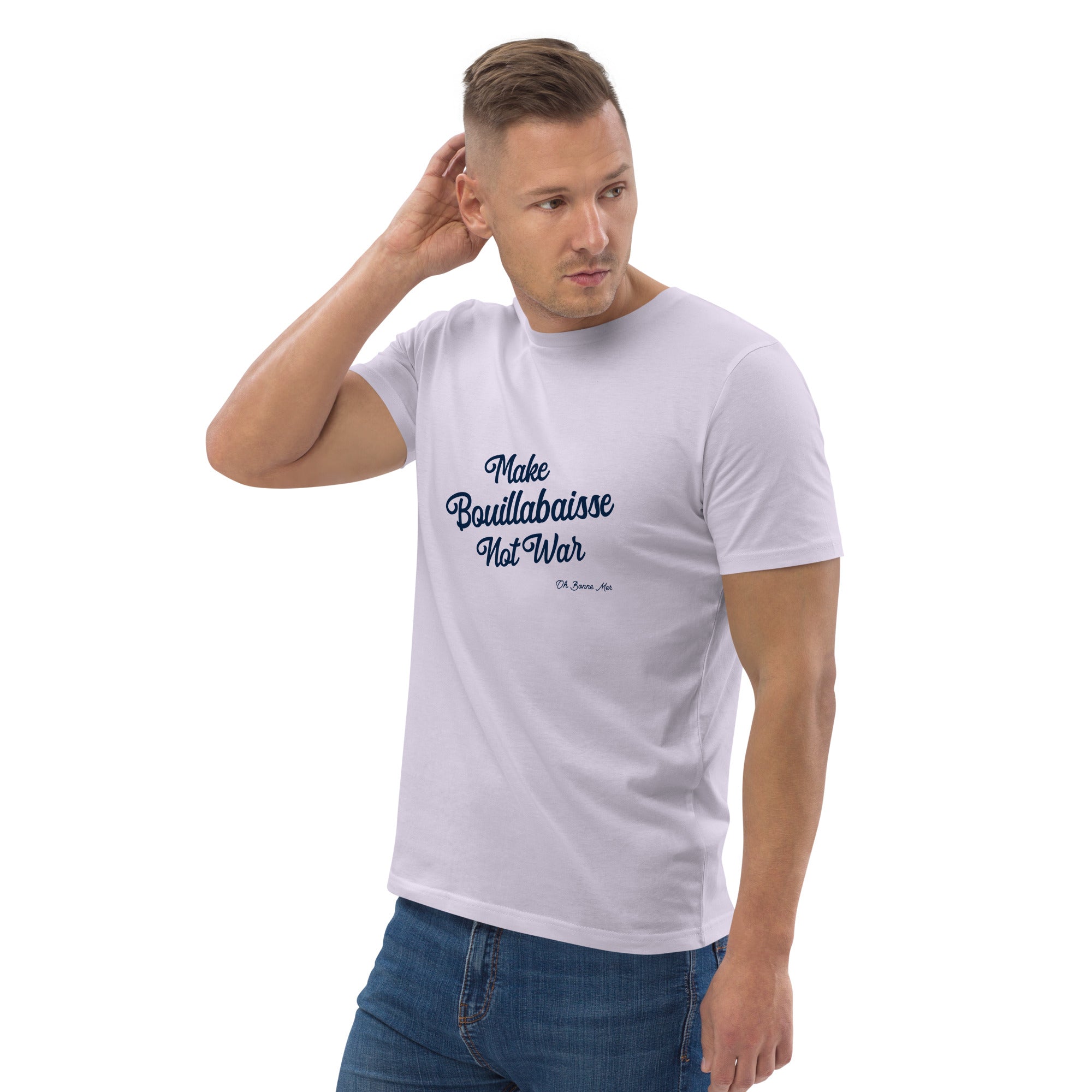 T-shirt unisexe en coton biologique Make Bouillabaisse Not War Navy sur couleurs claires