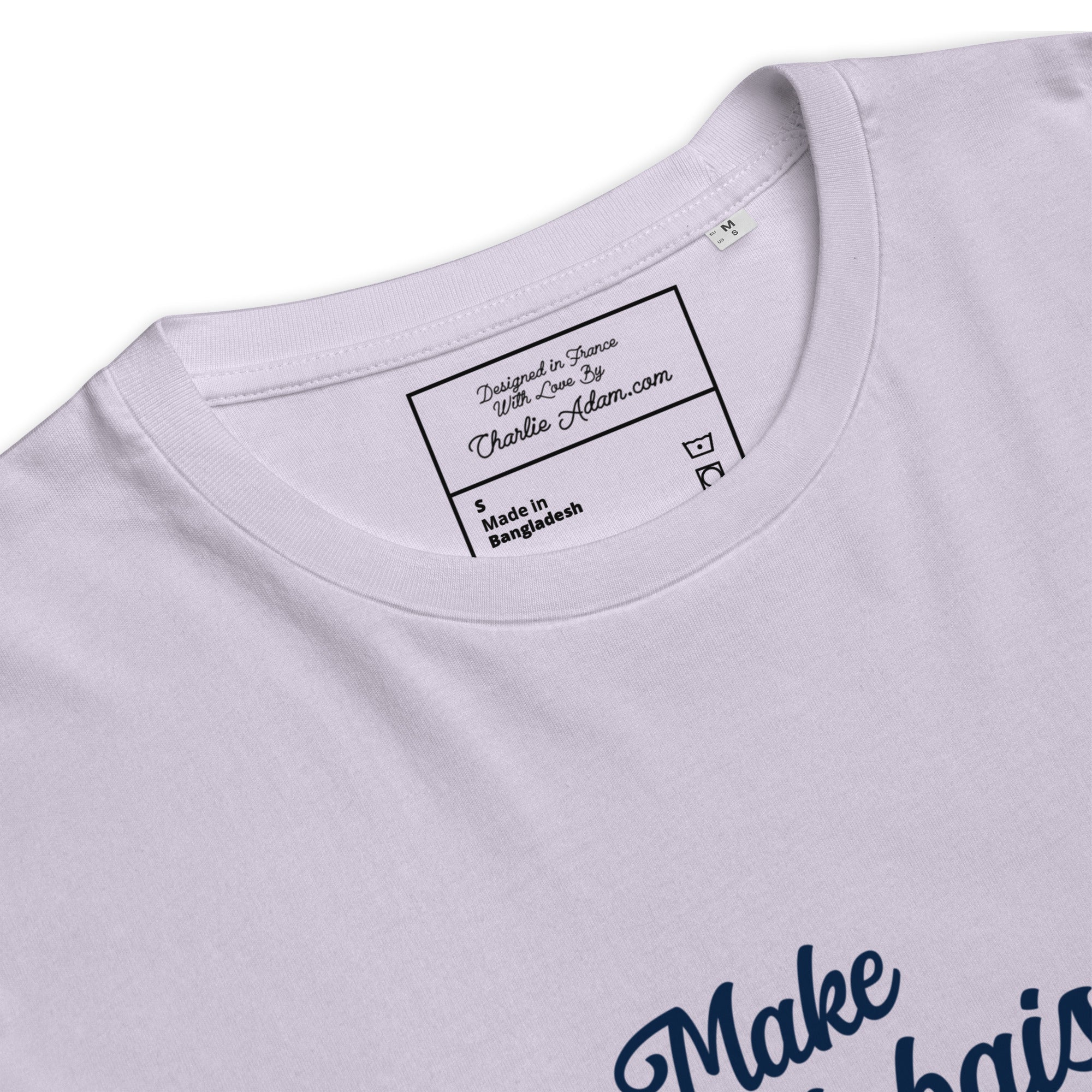 T-shirt unisexe en coton biologique Make Bouillabaisse Not War Navy sur couleurs claires