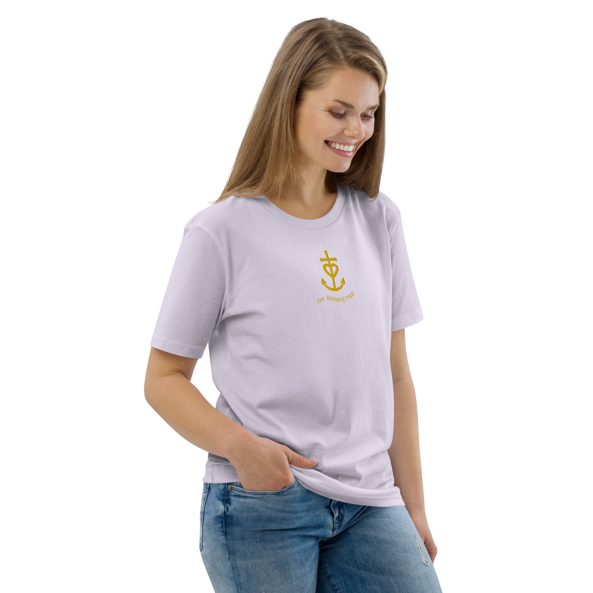 T-shirt unisexe en coton biologique Croix de Camargue dorée Oh Bonne mer brodé sur couleurs claires