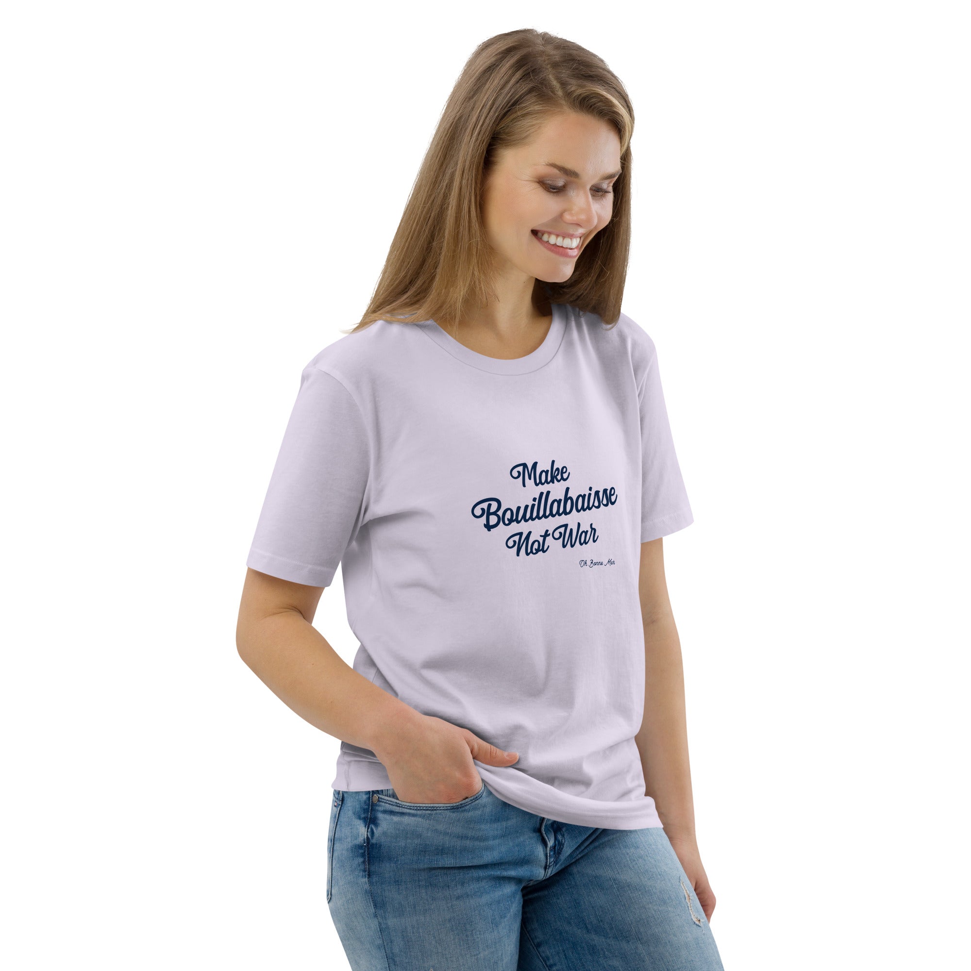 T-shirt unisexe en coton biologique Make Bouillabaisse Not War Navy sur couleurs claires