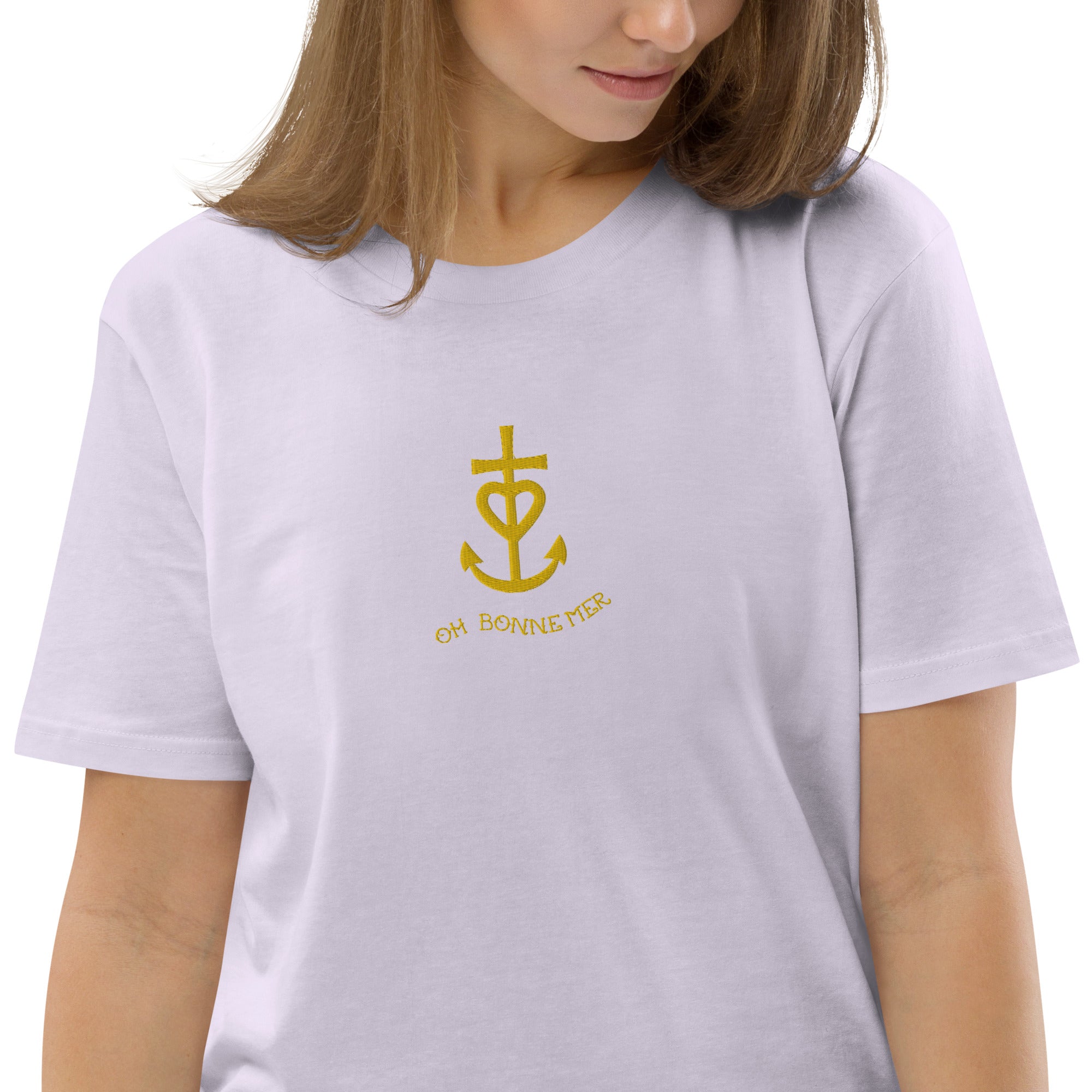 T-shirt unisexe en coton biologique Croix de Camargue dorée Oh Bonne mer brodé sur couleurs claires