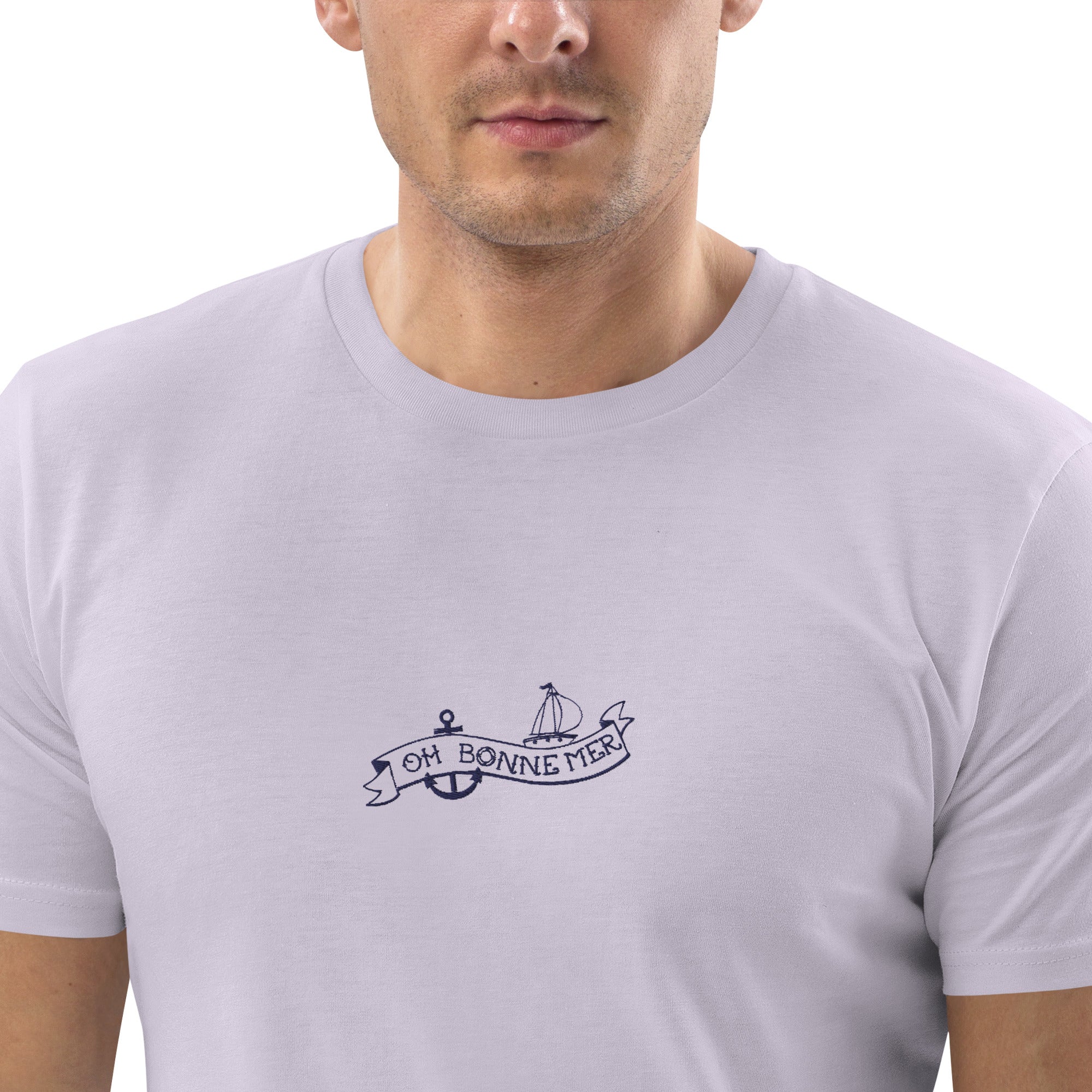 T-shirt unisexe en coton biologique Oh Bonne Mer Tattoo navy brodé sur couleurs claires