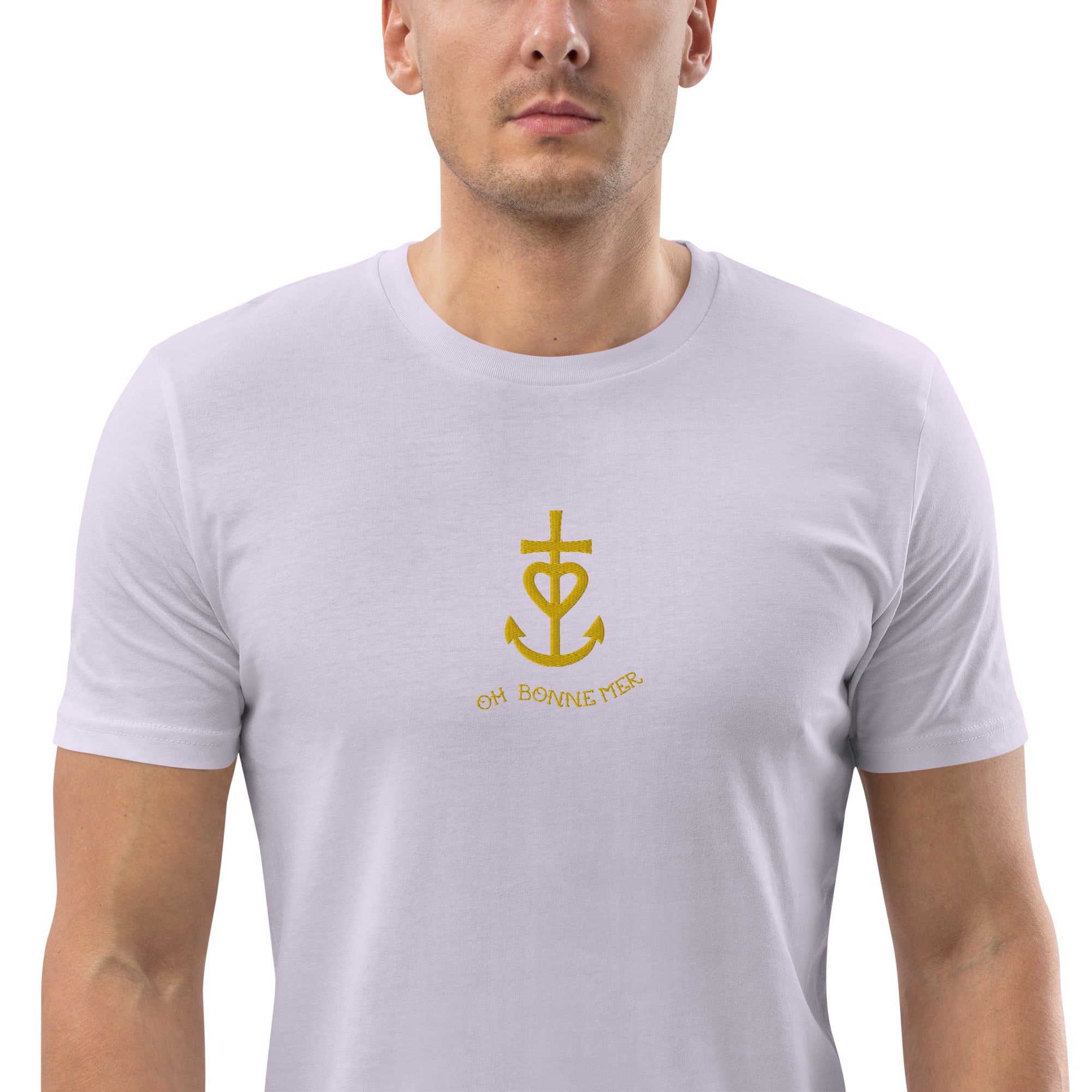 T-shirt unisexe en coton biologique Croix de Camargue dorée Oh Bonne mer brodé sur couleurs claires