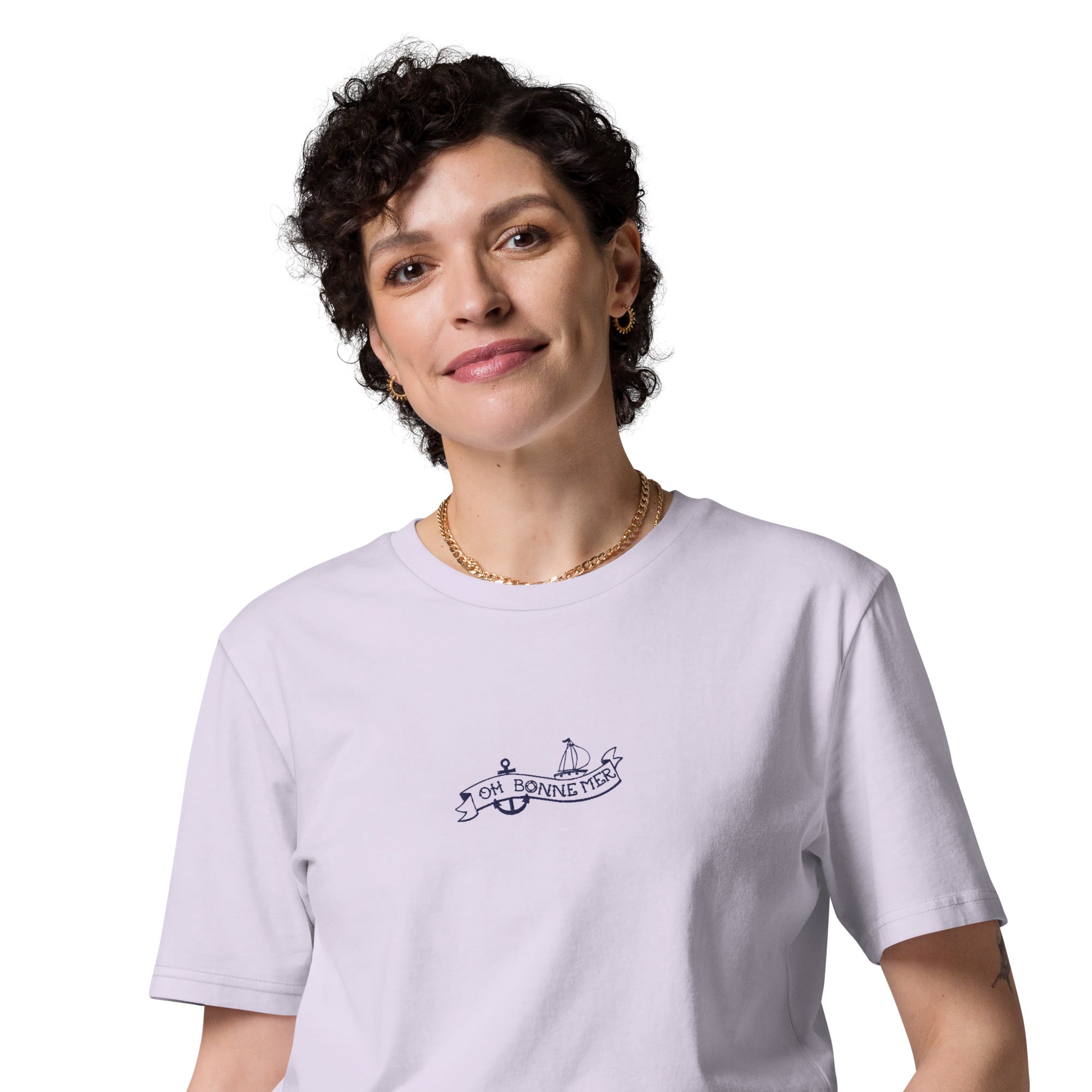 T-shirt unisexe en coton biologique Oh Bonne Mer Tattoo navy brodé sur couleurs claires