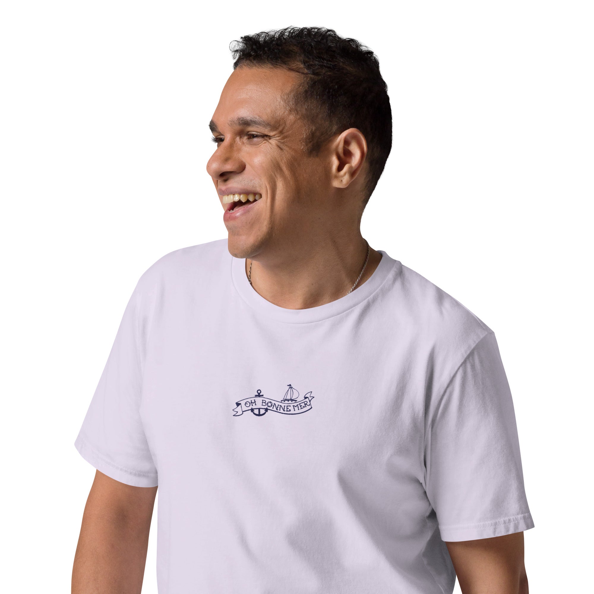 T-shirt unisexe en coton biologique Oh Bonne Mer Tattoo navy brodé sur couleurs claires