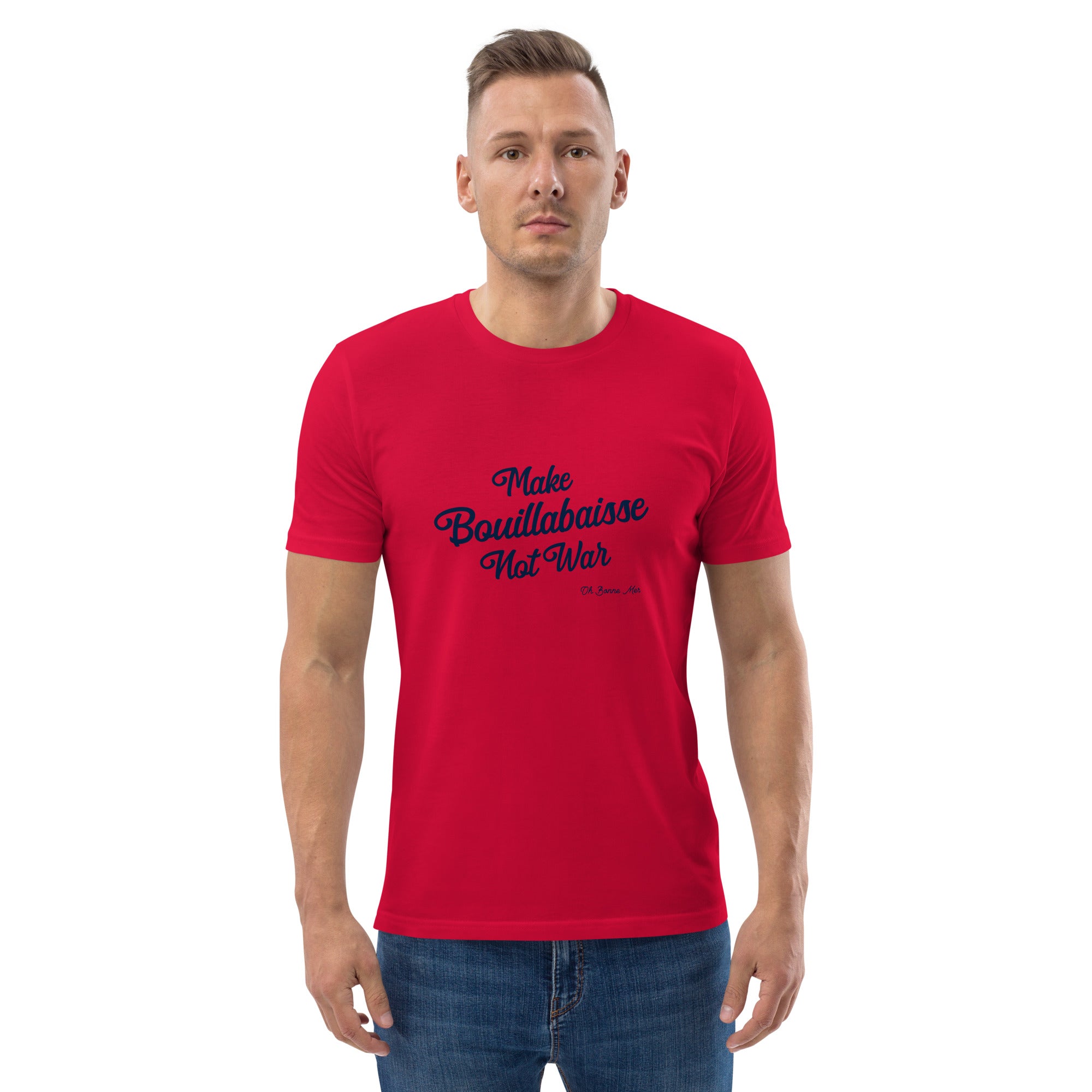 T-shirt unisexe en coton biologique Make Bouillabaisse Not War Navy sur couleurs claires