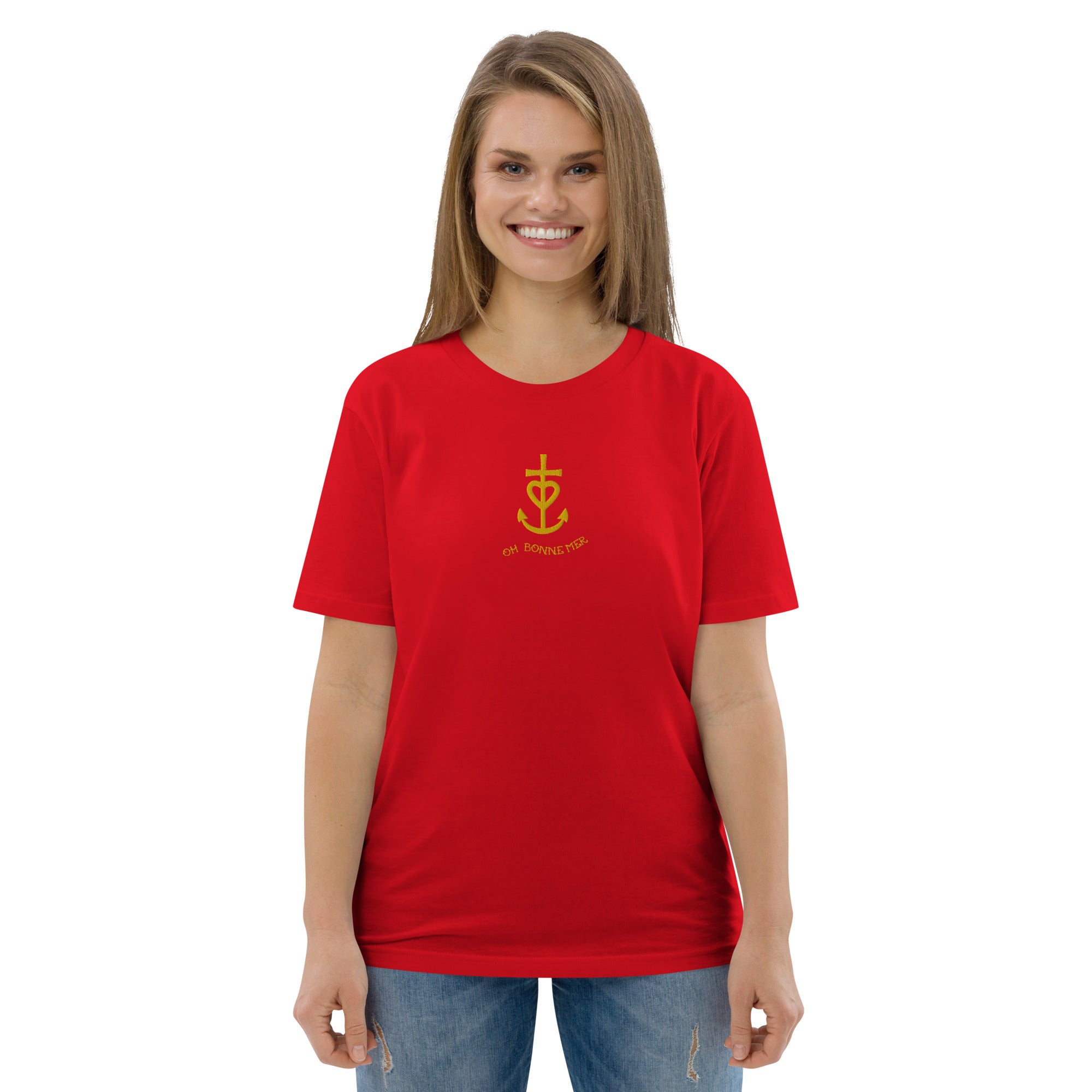 T-shirt unisexe en coton biologique Croix de Camargue dorée Oh Bonne mer brodé sur couleurs vives