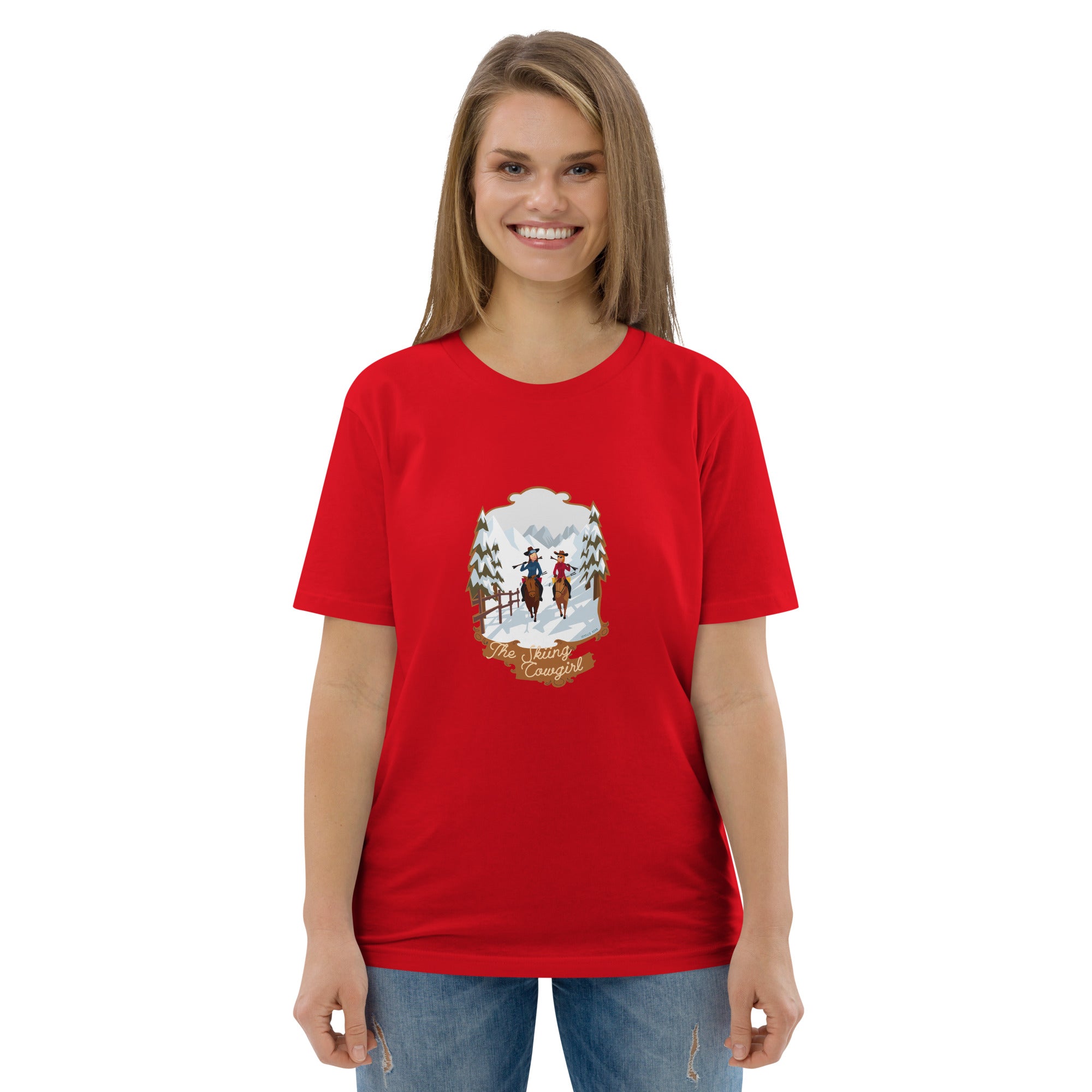 T-shirt unisexe en coton biologique The Skiing Cowgirl sur couleurs vives