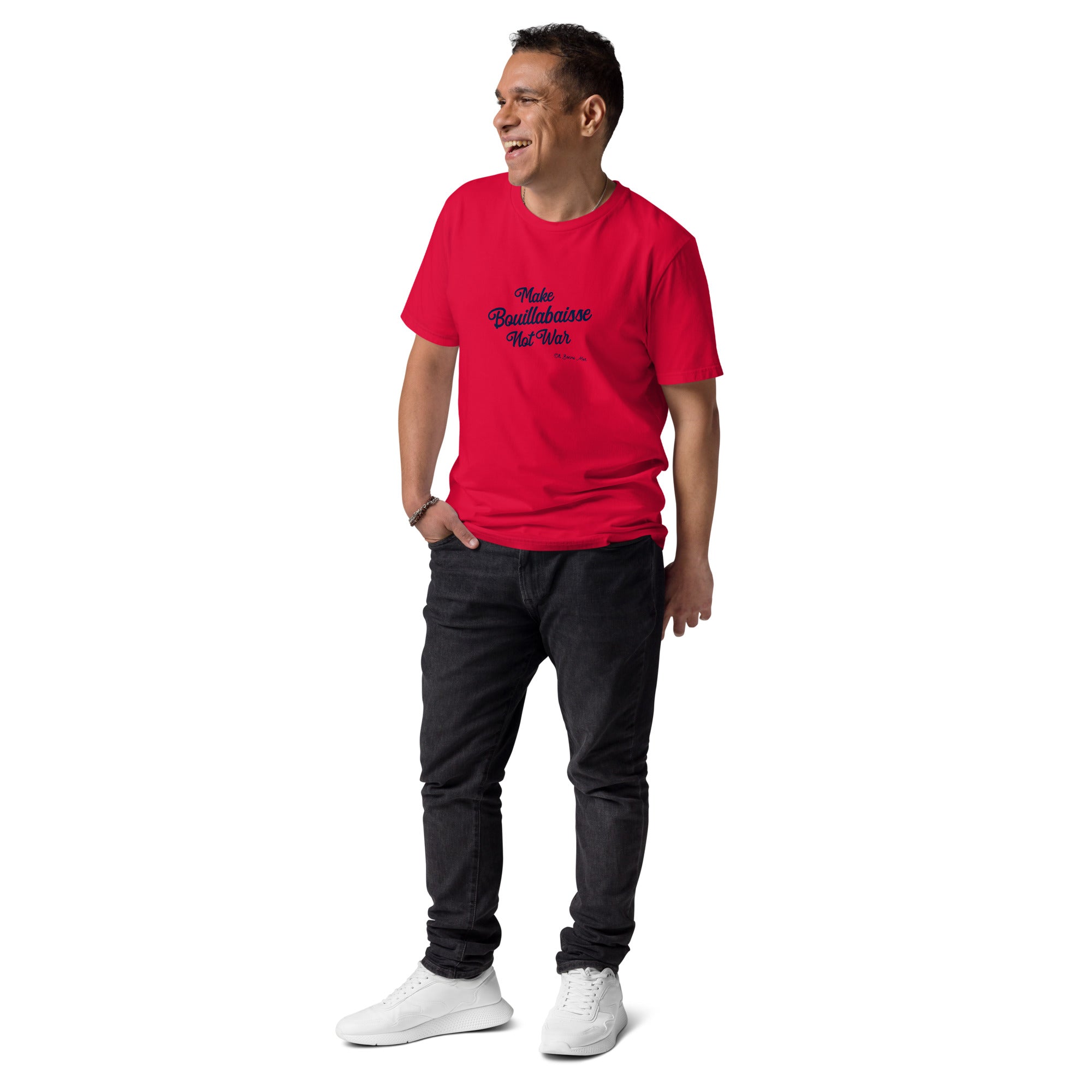 T-shirt unisexe en coton biologique Make Bouillabaisse Not War Navy sur couleurs claires