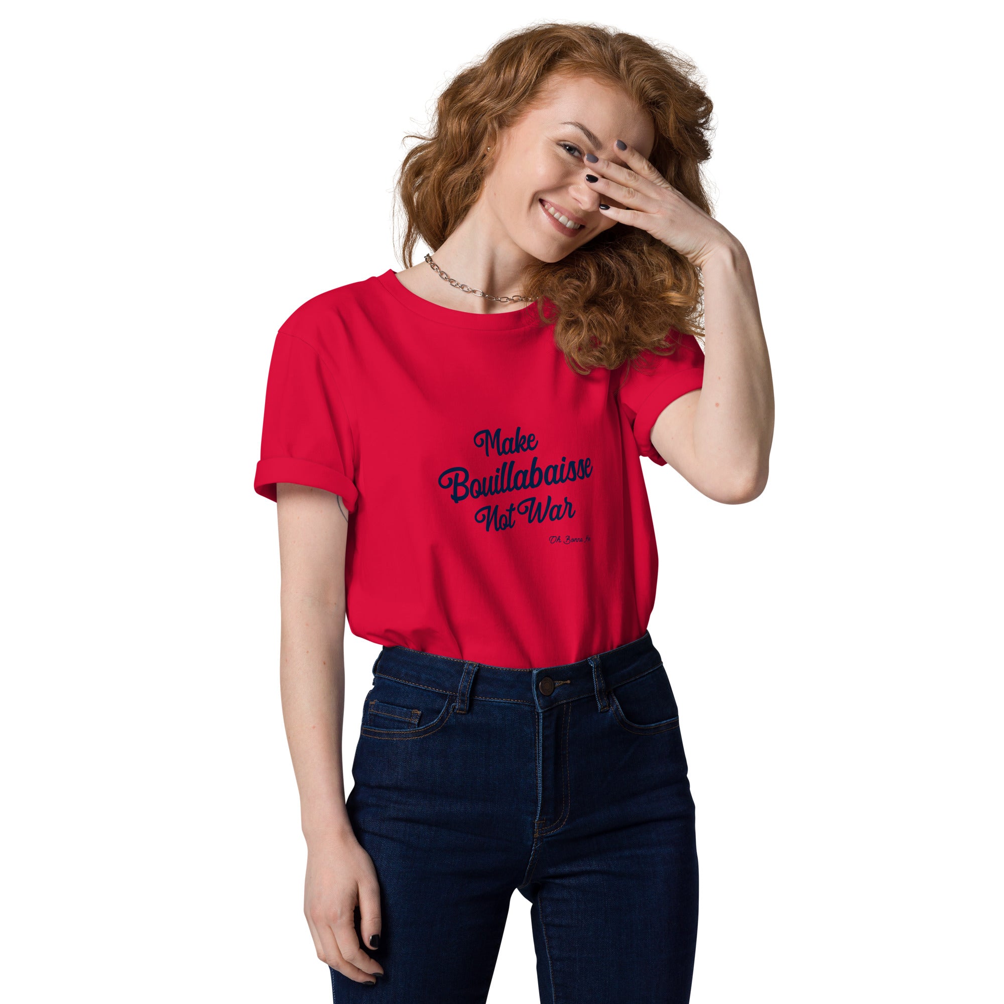 T-shirt unisexe en coton biologique Make Bouillabaisse Not War Navy sur couleurs claires