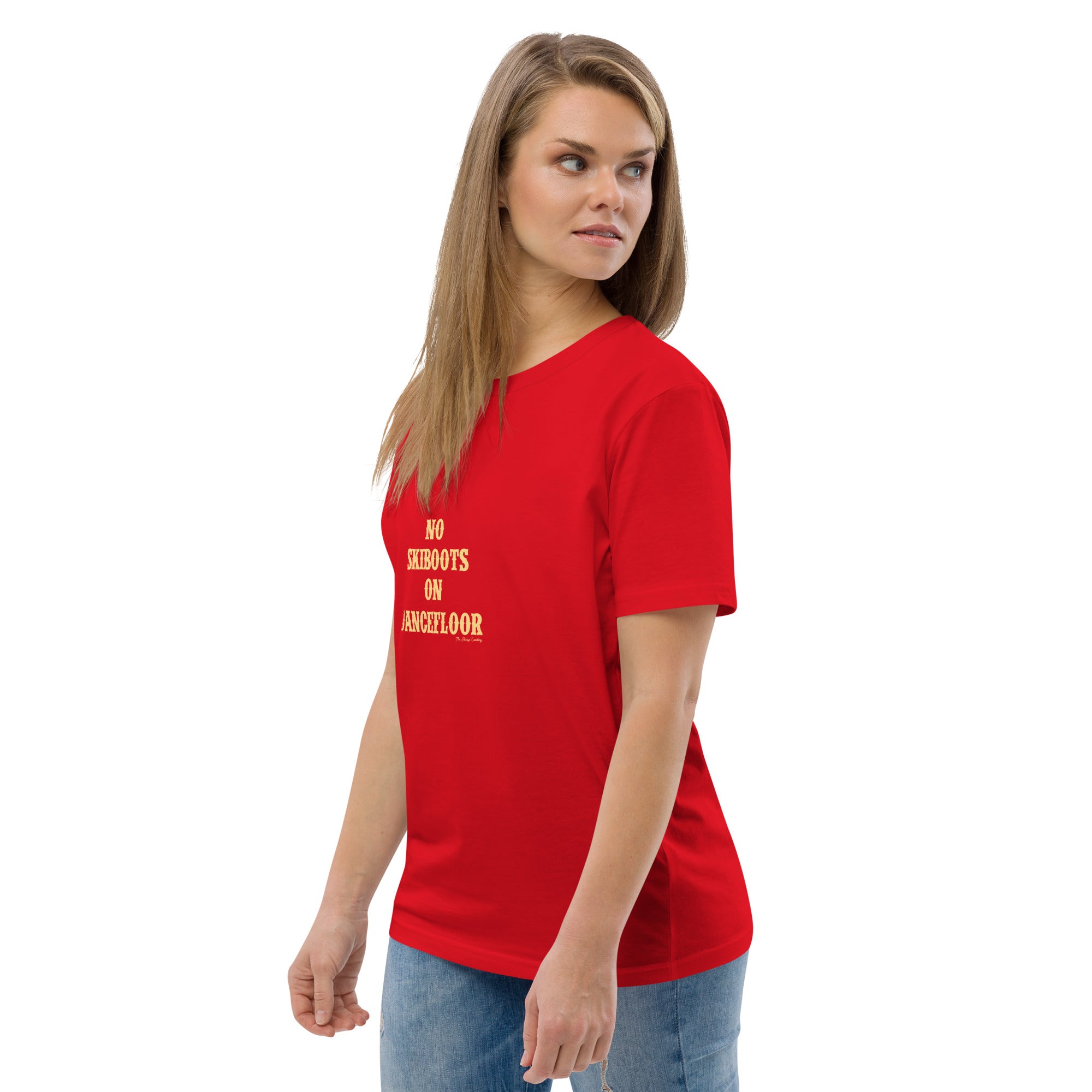 T-shirt unisexe en coton biologique No Skiboots on Dancefloor texte clair