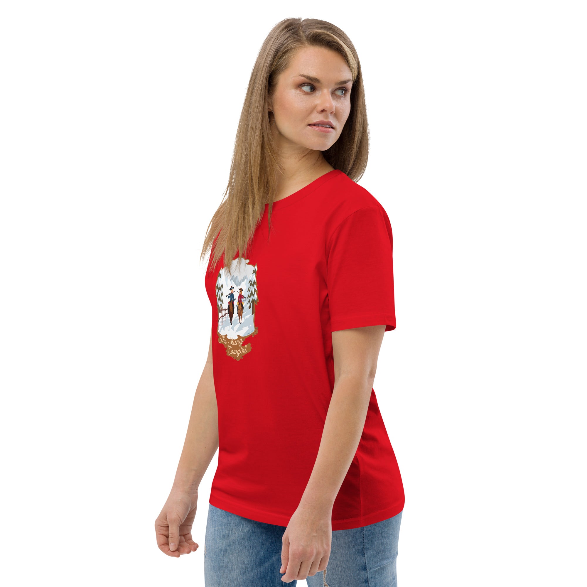 T-shirt unisexe en coton biologique The Skiing Cowgirl sur couleurs vives