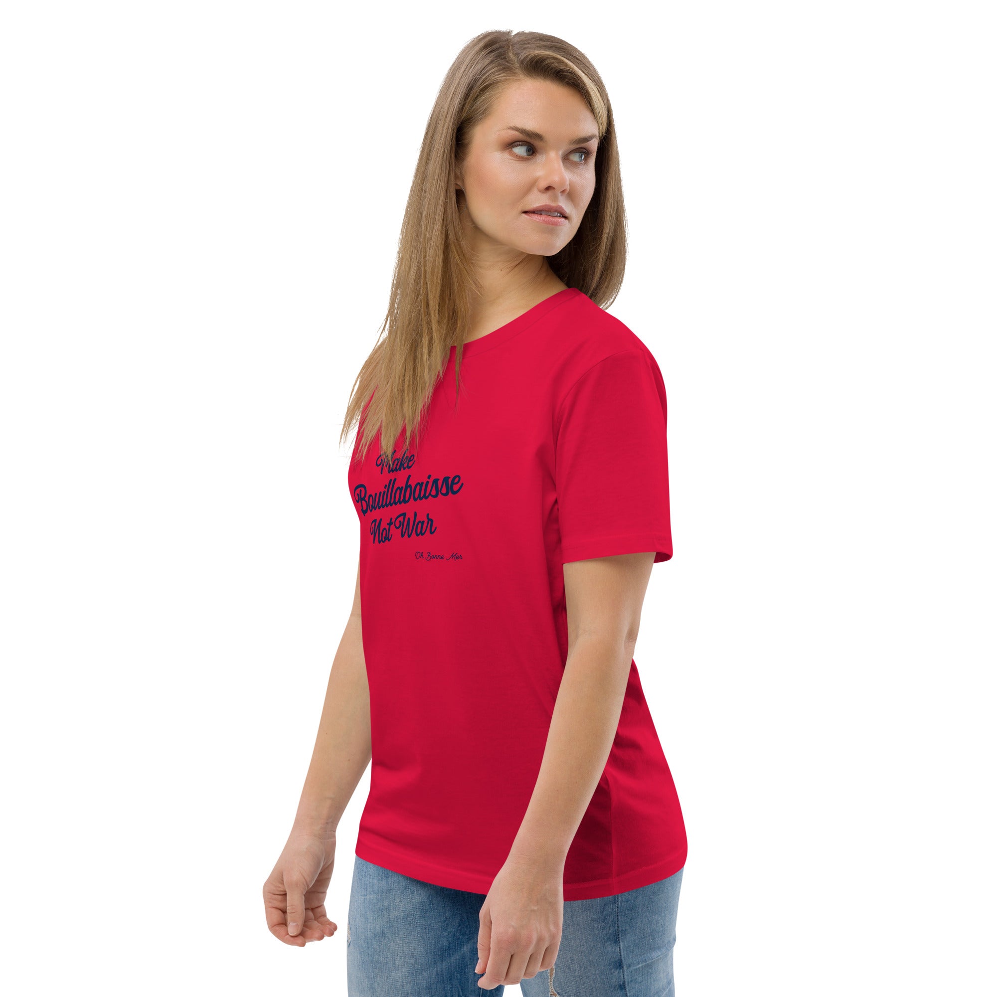 T-shirt unisexe en coton biologique Make Bouillabaisse Not War Navy sur couleurs claires
