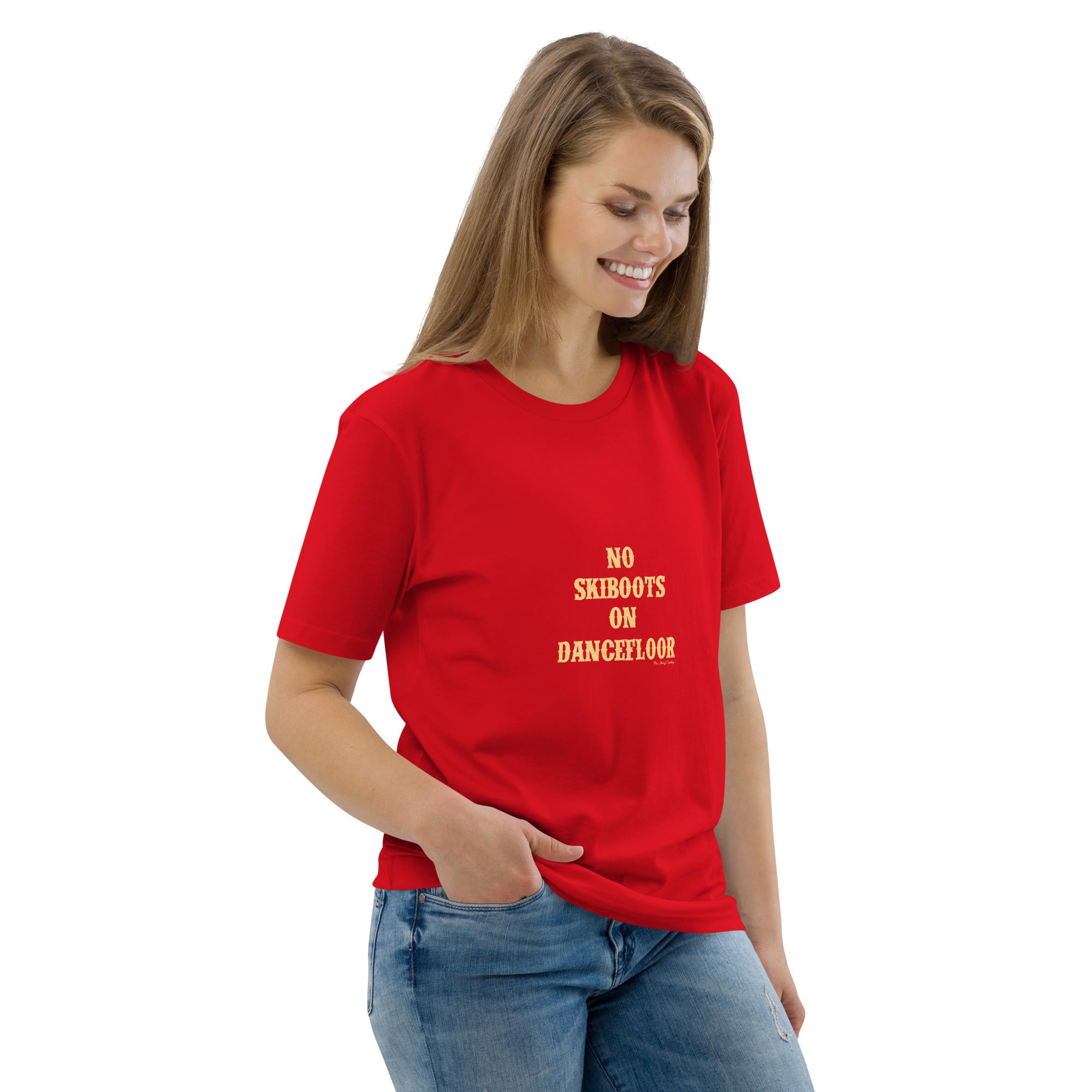 T-shirt unisexe en coton biologique No Skiboots on Dancefloor texte clair