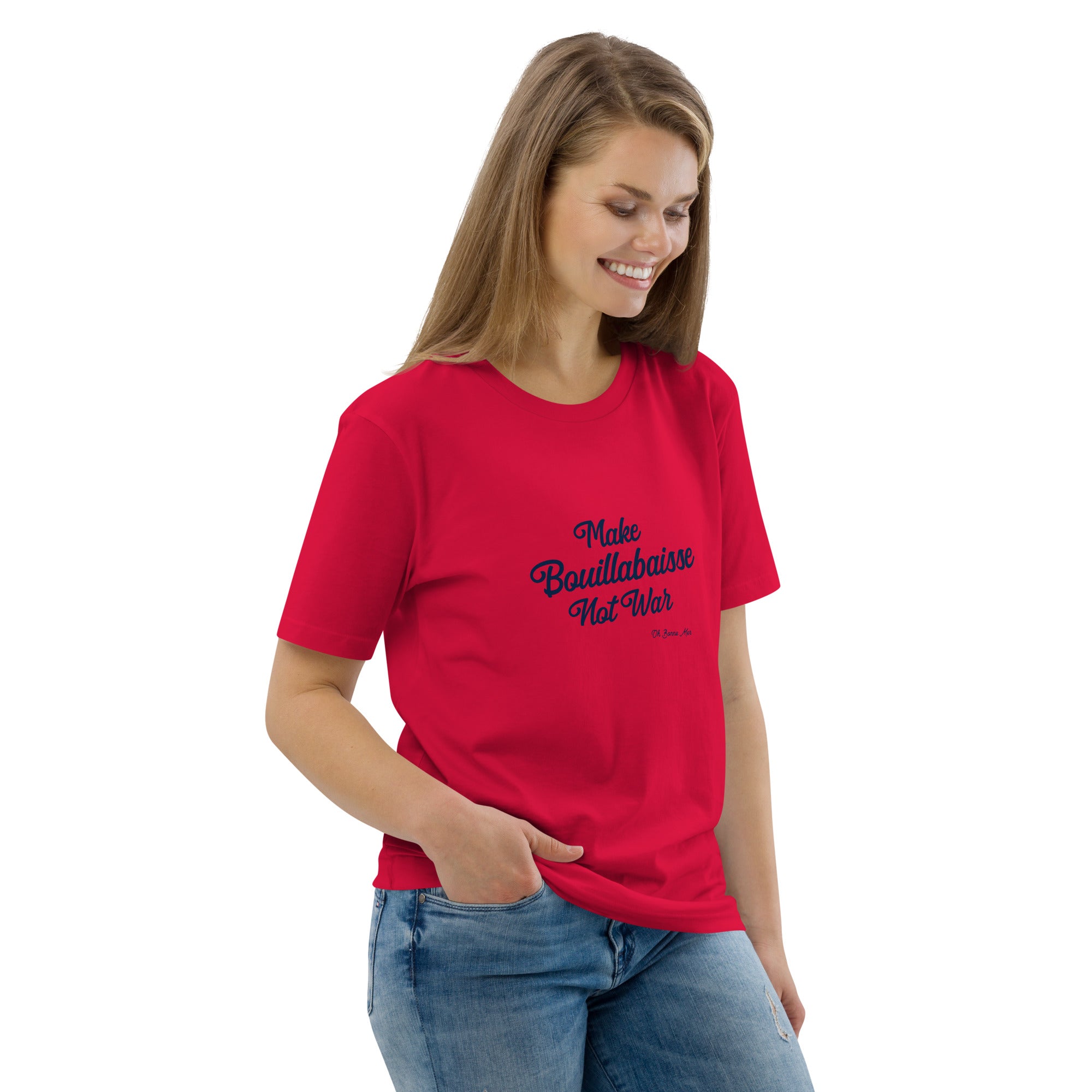 T-shirt unisexe en coton biologique Make Bouillabaisse Not War Navy sur couleurs claires