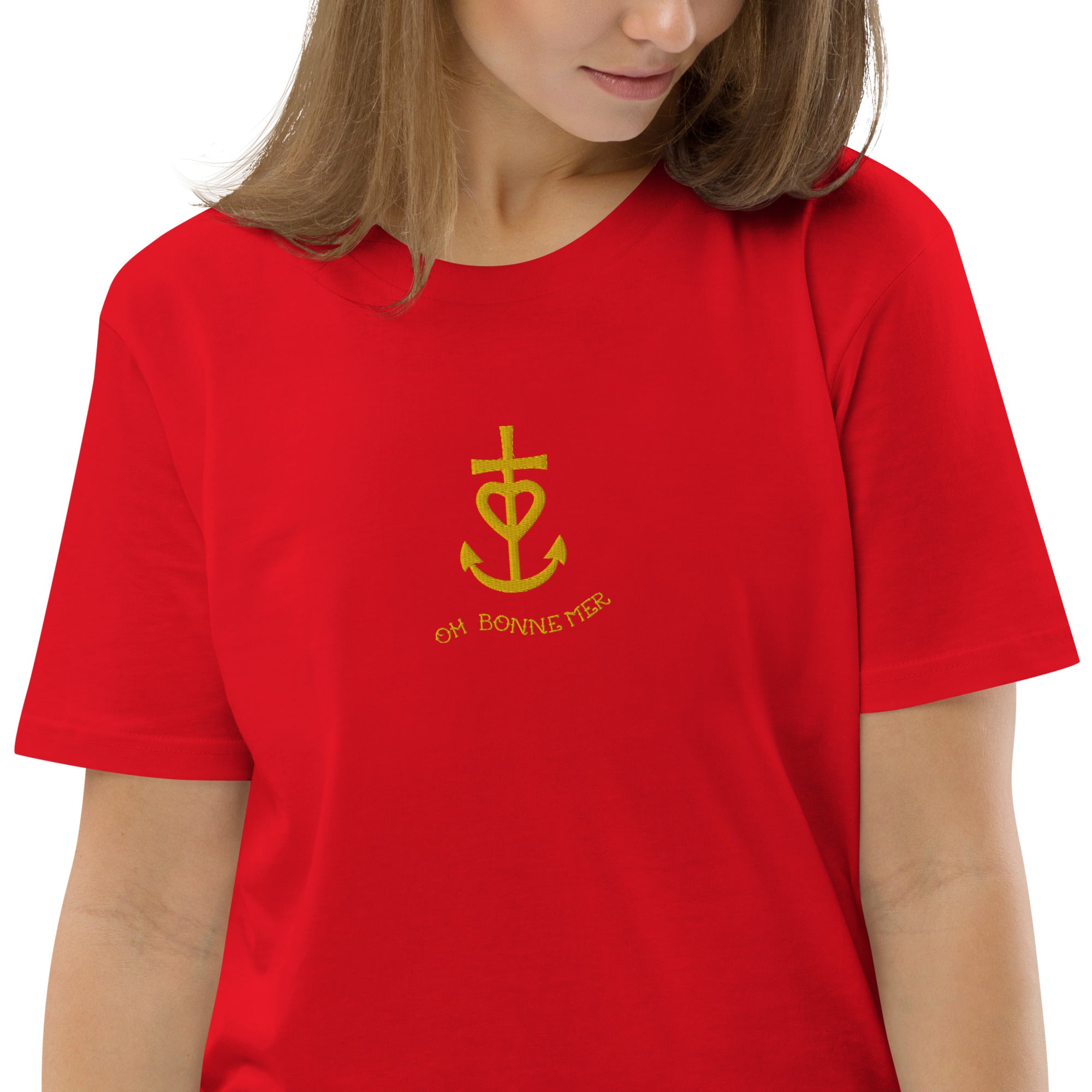 T-shirt unisexe en coton biologique Croix de Camargue dorée Oh Bonne mer brodé sur couleurs vives