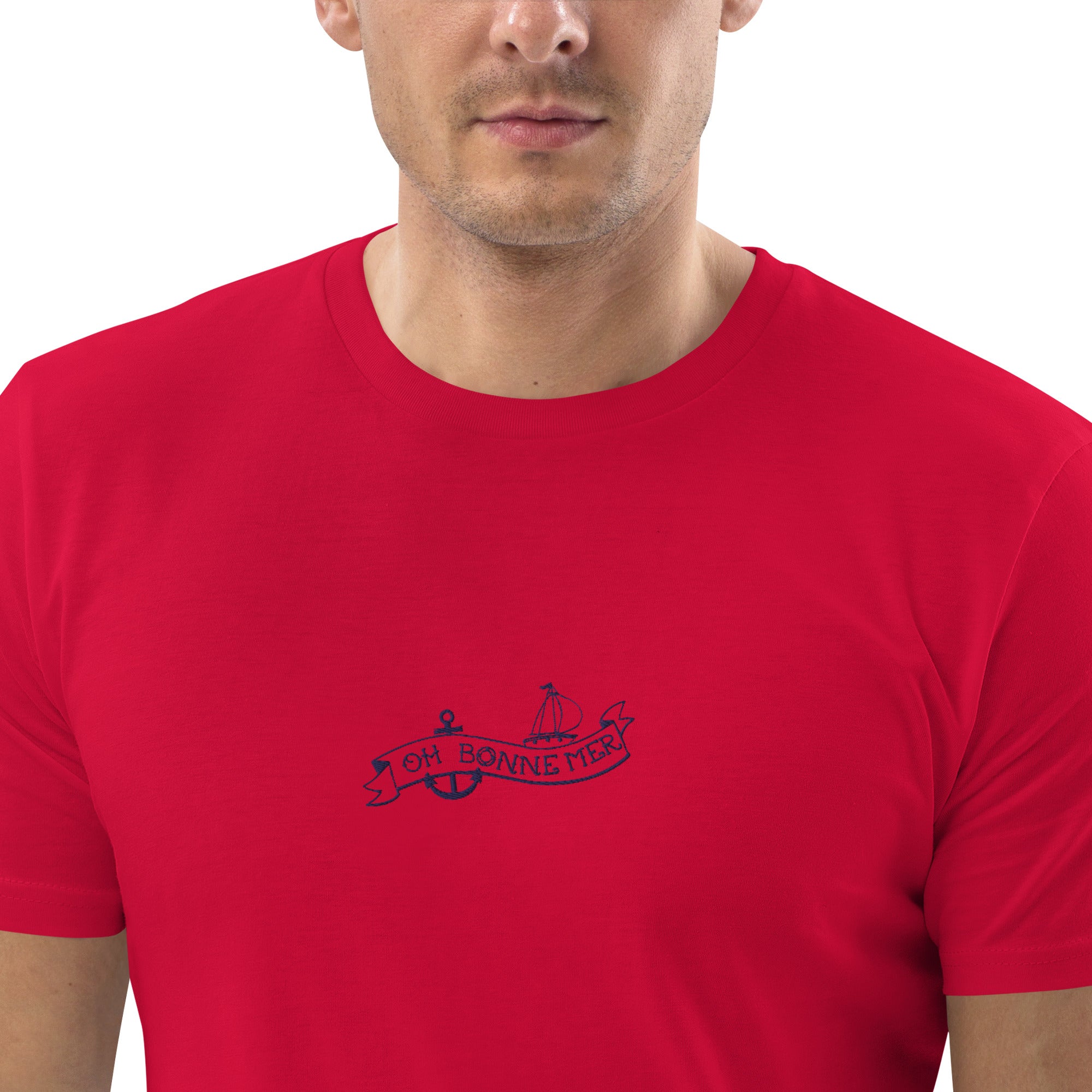 T-shirt unisexe en coton biologique Oh Bonne Mer Tattoo navy brodé sur couleurs claires