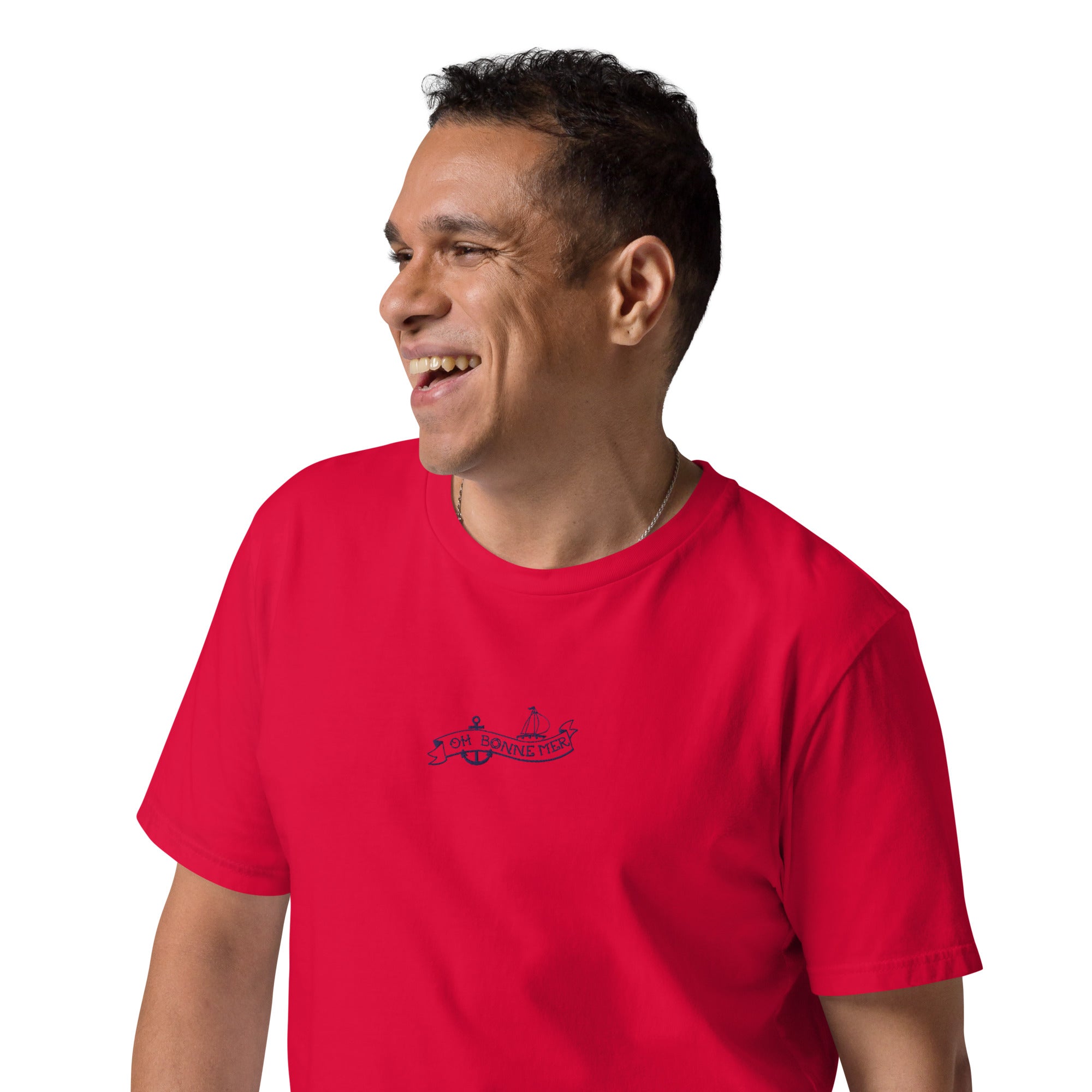 T-shirt unisexe en coton biologique Oh Bonne Mer Tattoo navy brodé sur couleurs claires