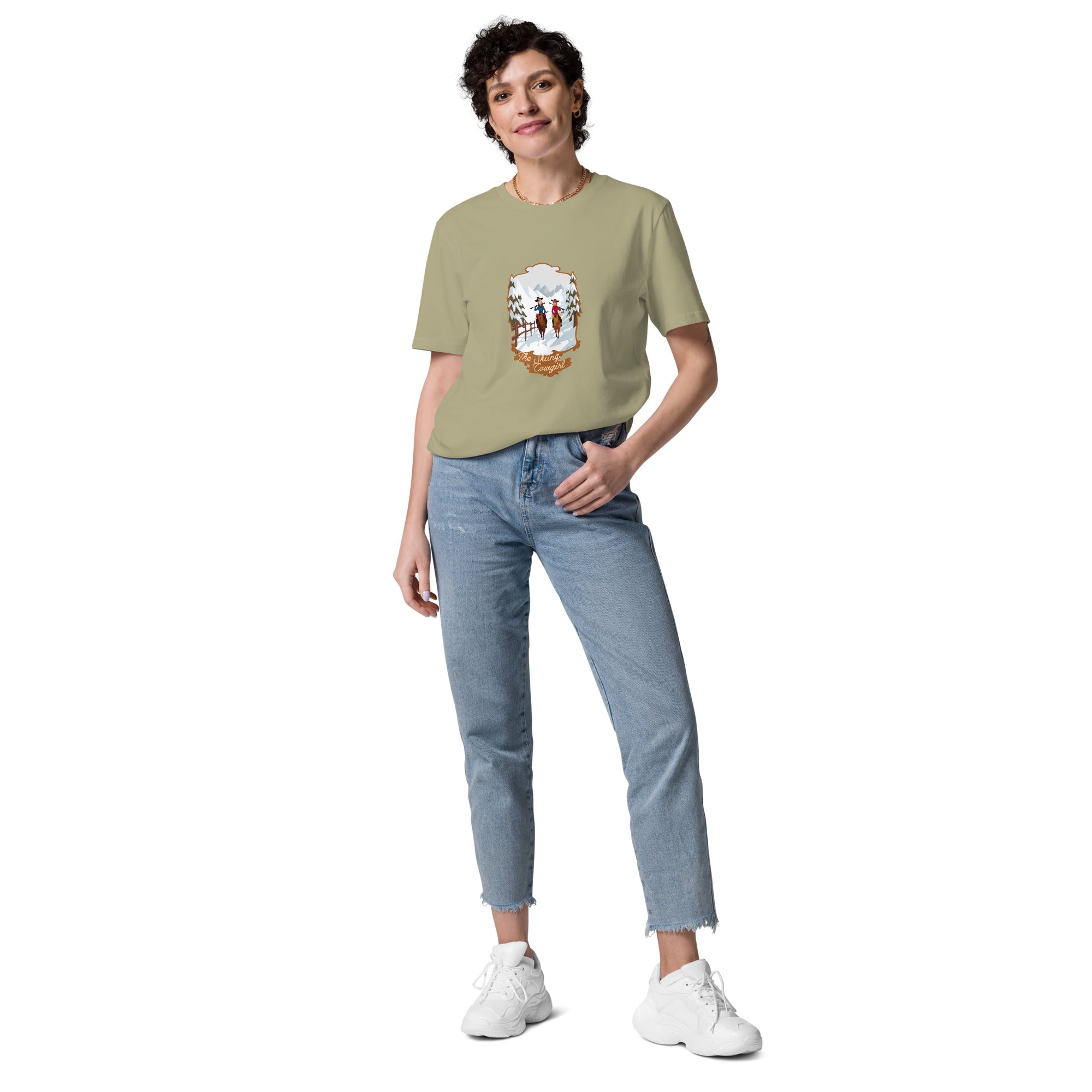 T-shirt unisexe en coton biologique The Skiing Cowgirl sur couleurs foncées
