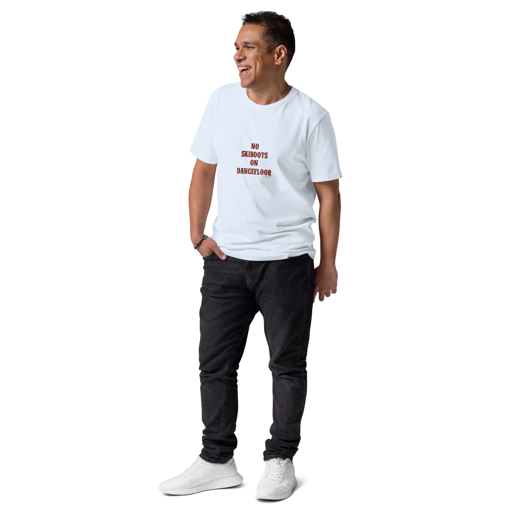T-shirt unisexe en coton biologique No Skiboots on Dancefloor texte foncé
