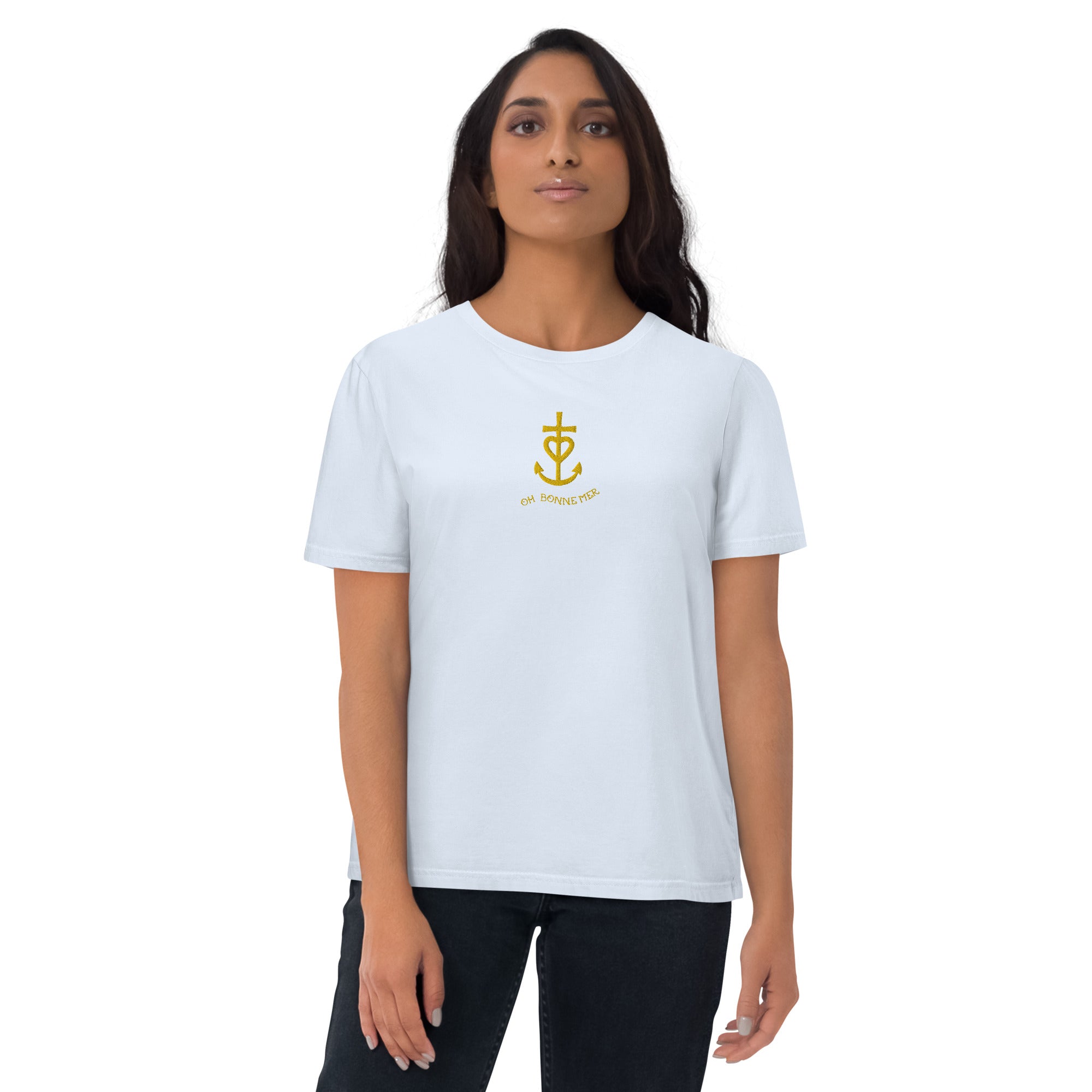 T-shirt unisexe en coton biologique Croix de Camargue dorée Oh Bonne mer brodé sur couleurs claires