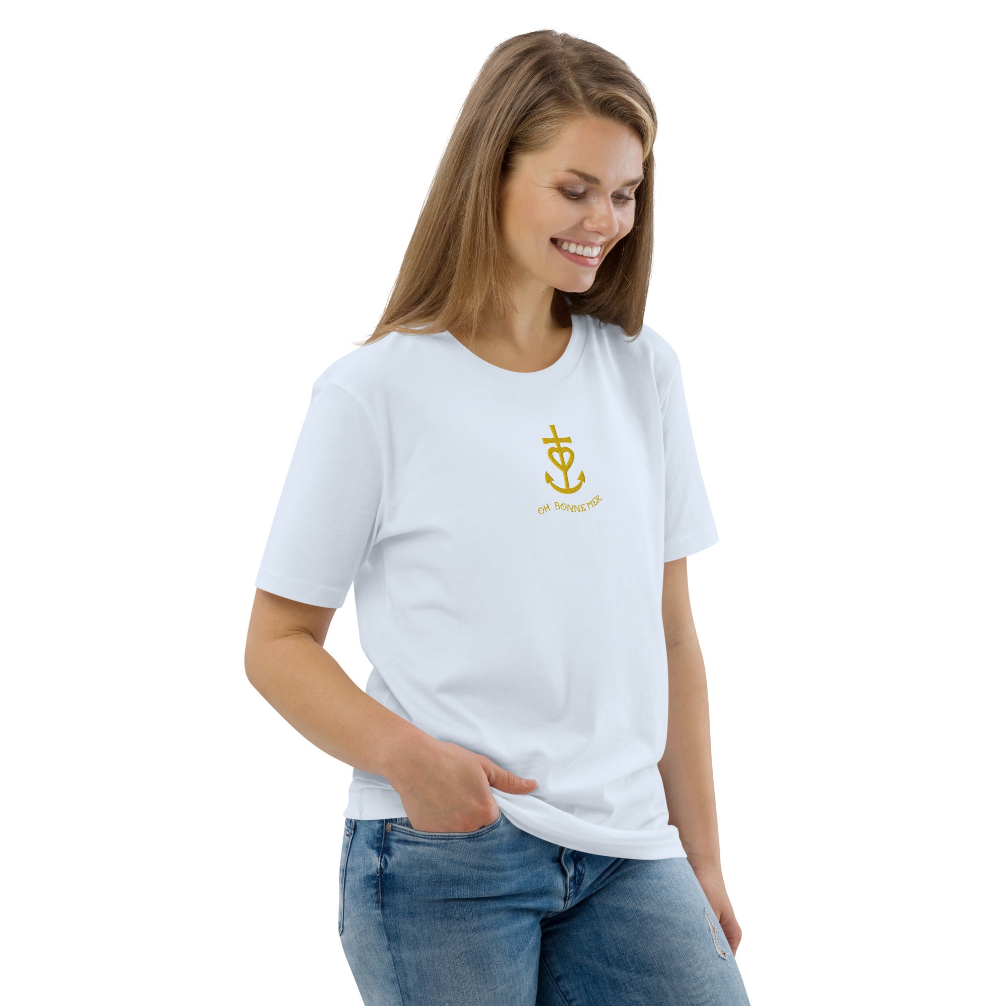 T-shirt unisexe en coton biologique Croix de Camargue dorée Oh Bonne mer brodé sur couleurs claires