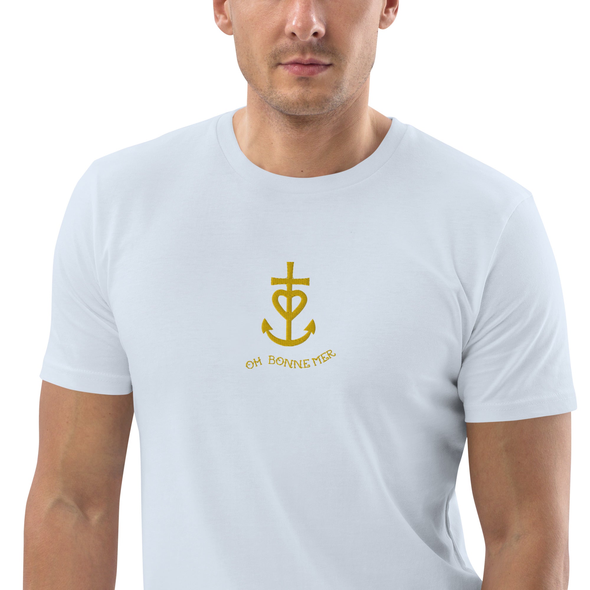 T-shirt unisexe en coton biologique Croix de Camargue dorée Oh Bonne mer brodé sur couleurs claires