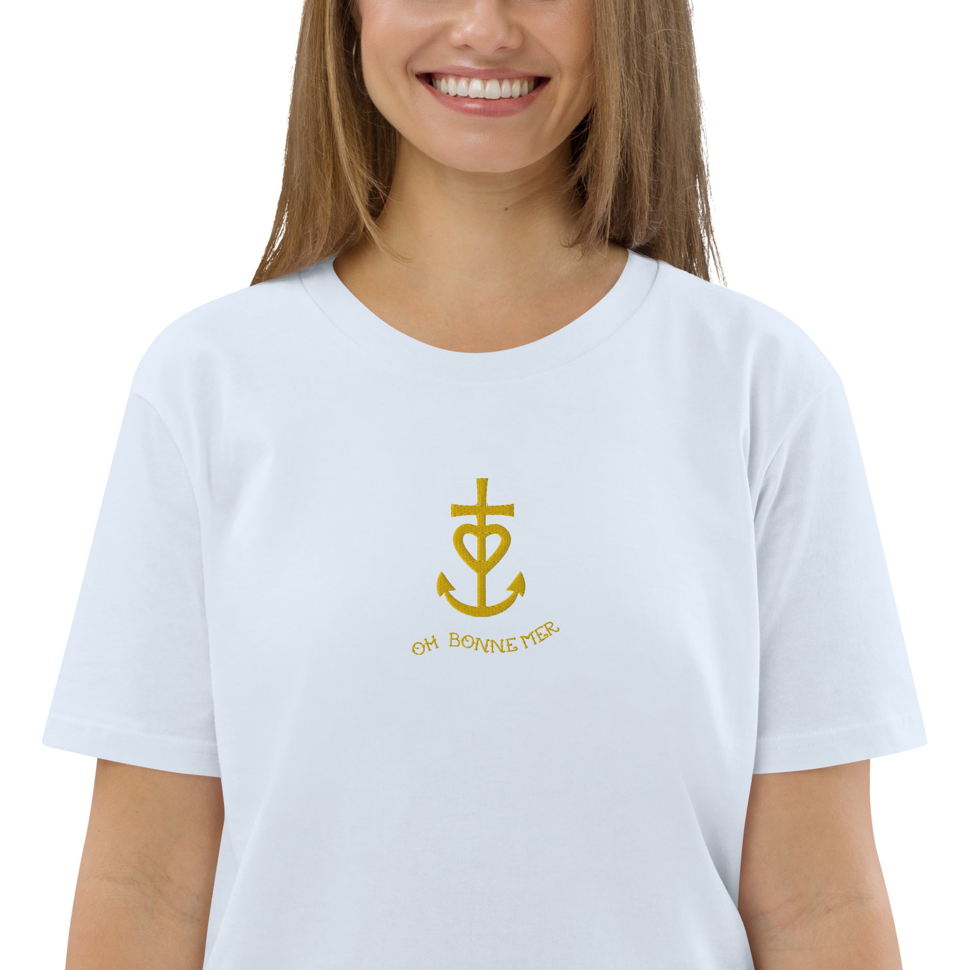 T-shirt unisexe en coton biologique Croix de Camargue dorée Oh Bonne mer brodé sur couleurs claires