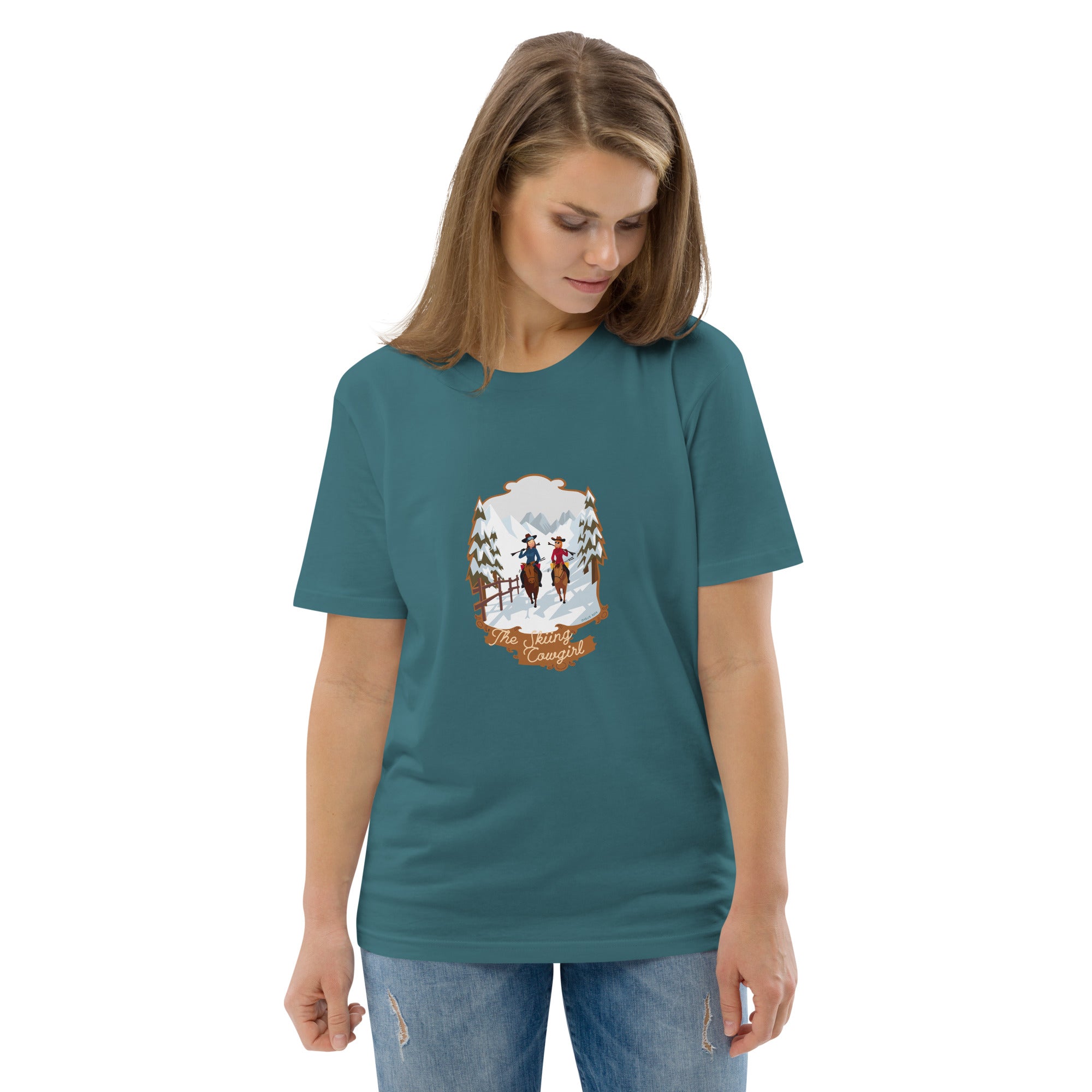 T-shirt unisexe en coton biologique The Skiing Cowgirl sur couleurs foncées
