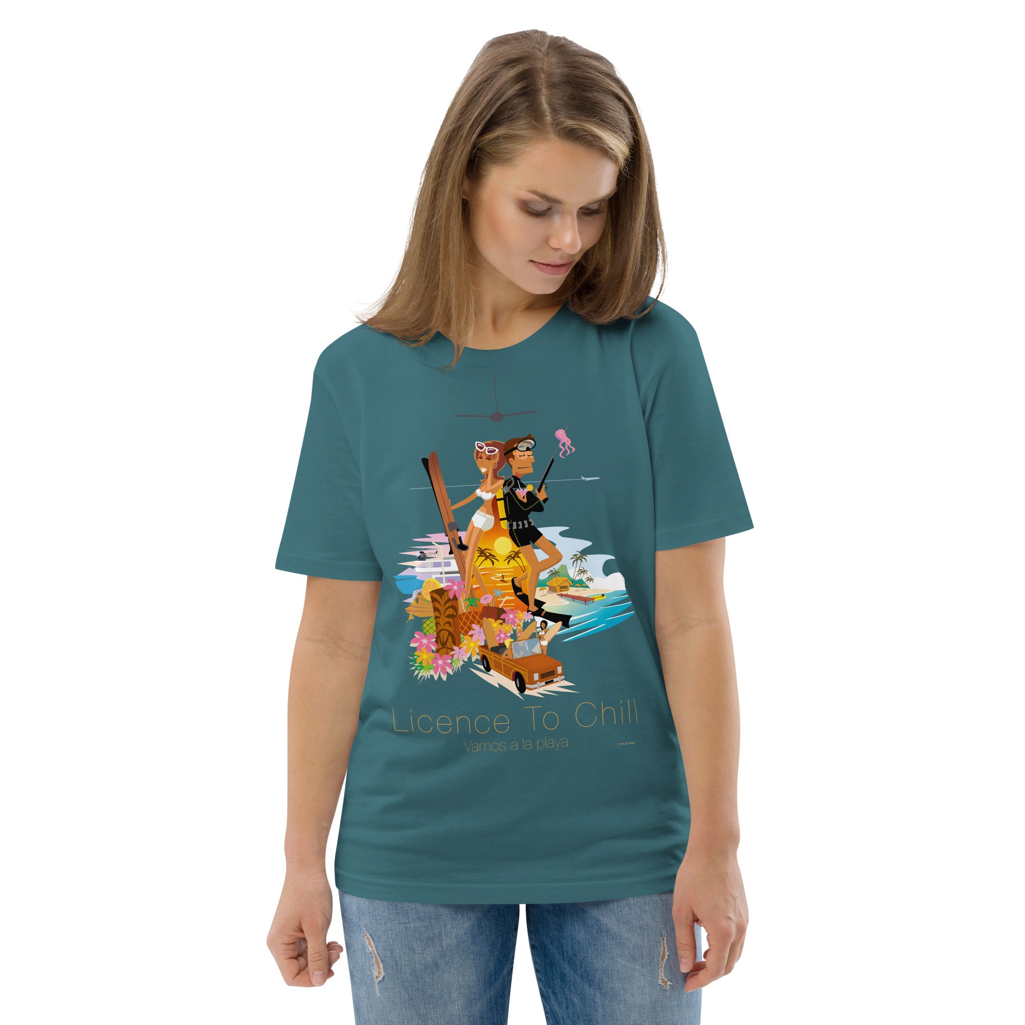 Unisex organic cotton t-shirt License To Chill Vamos a la Playa on dark colors