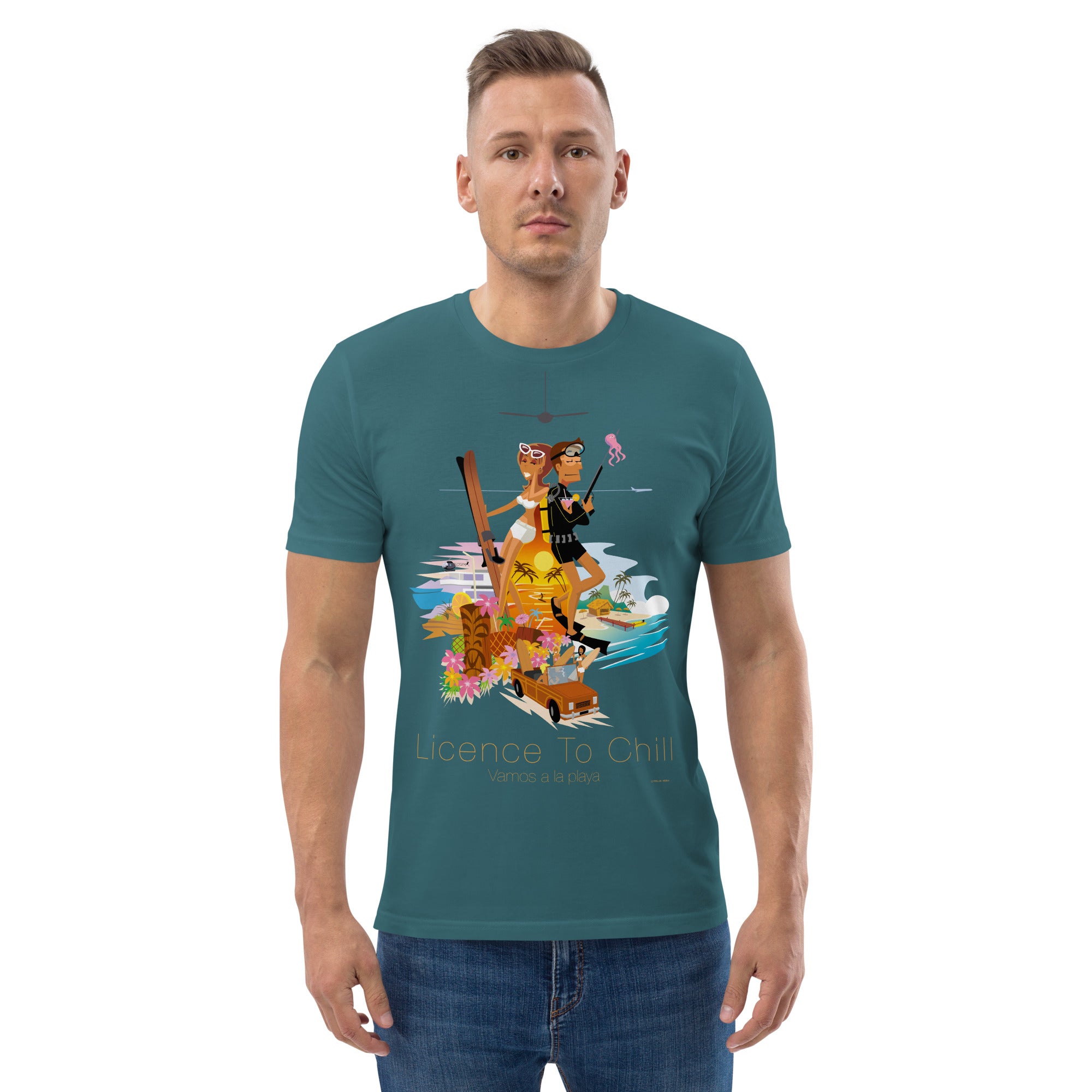 Unisex organic cotton t-shirt License To Chill Vamos a la Playa on dark colors