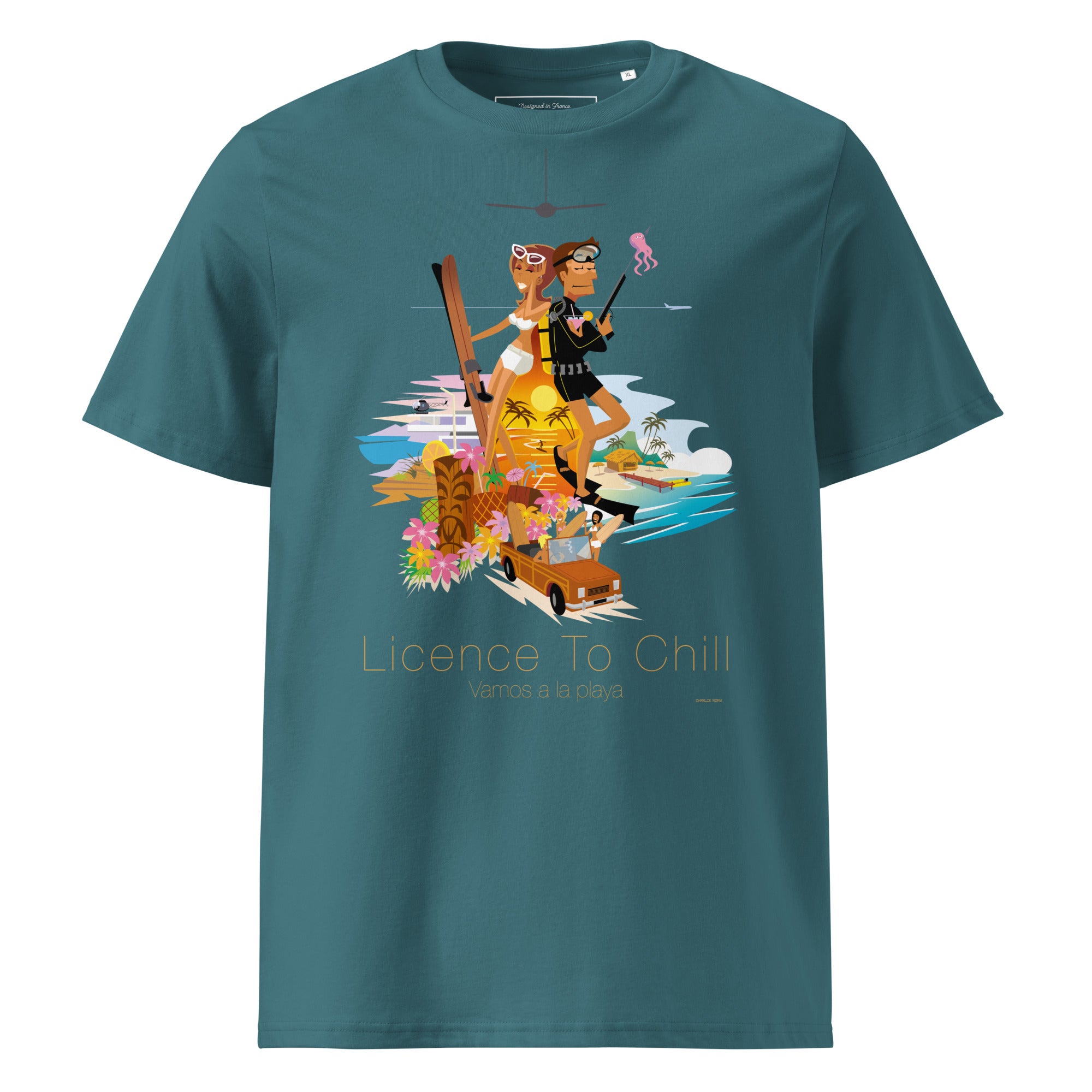 Unisex organic cotton t-shirt License To Chill Vamos a la Playa on dark colors