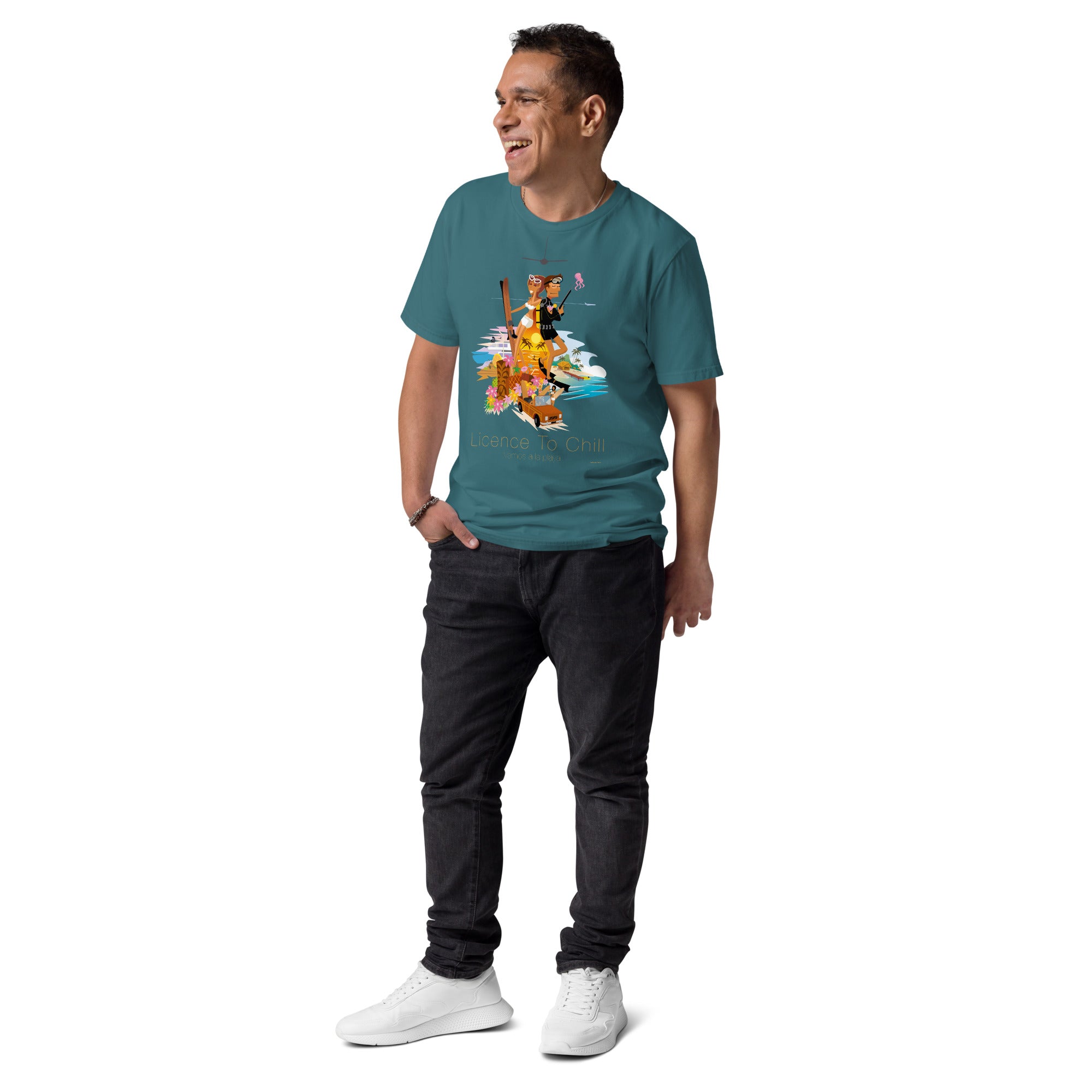 Unisex organic cotton t-shirt License To Chill Vamos a la Playa on dark colors