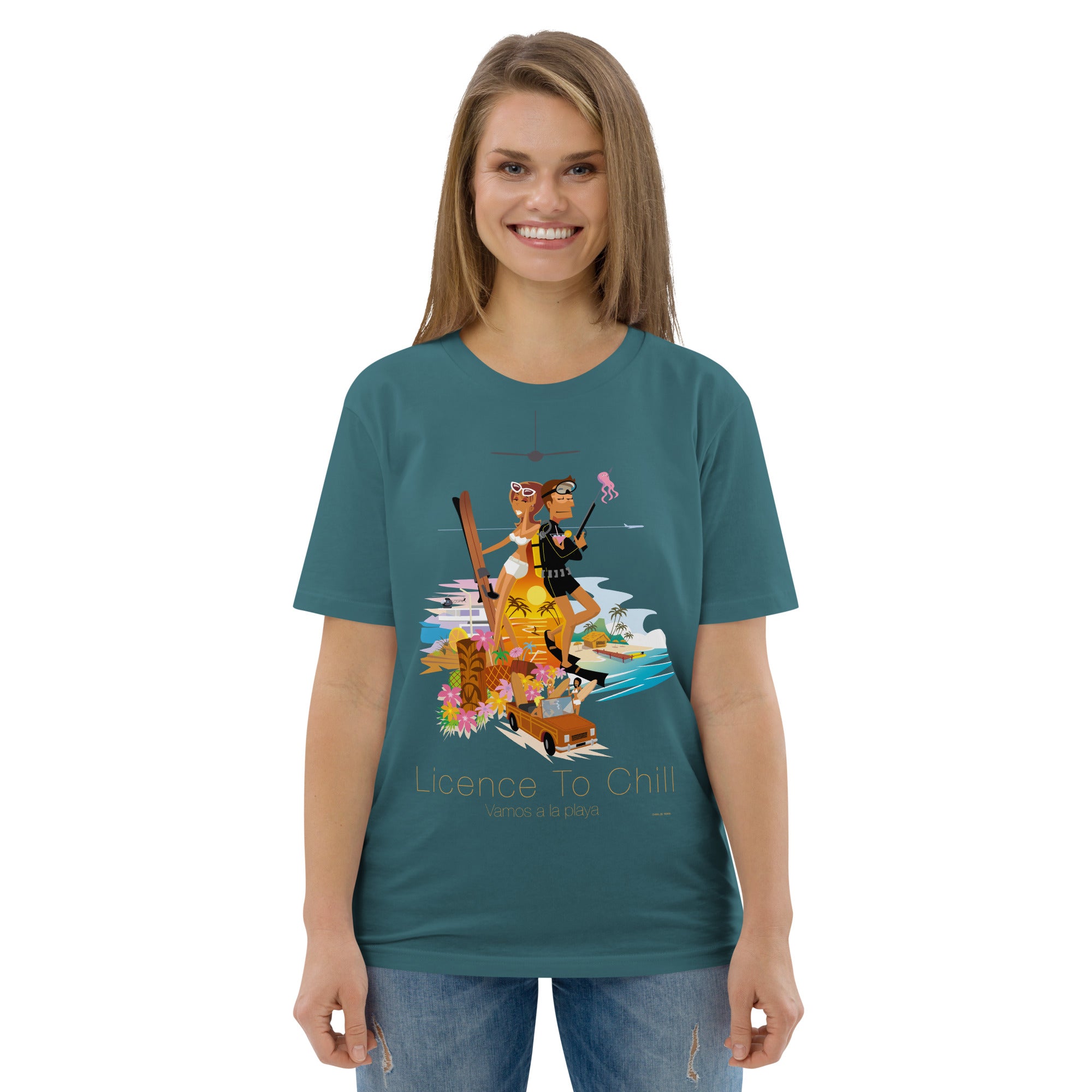 Unisex organic cotton t-shirt License To Chill Vamos a la Playa on dark colors